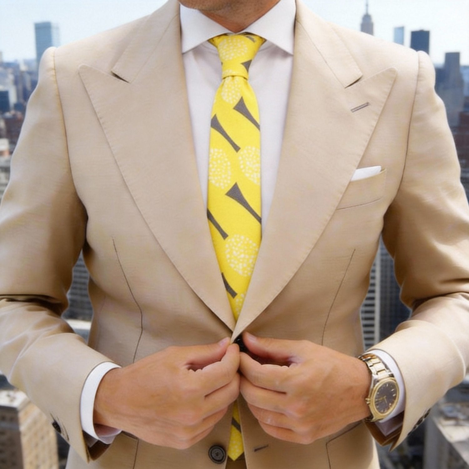 Yellow Necktie With White Dots & Gray Arrows