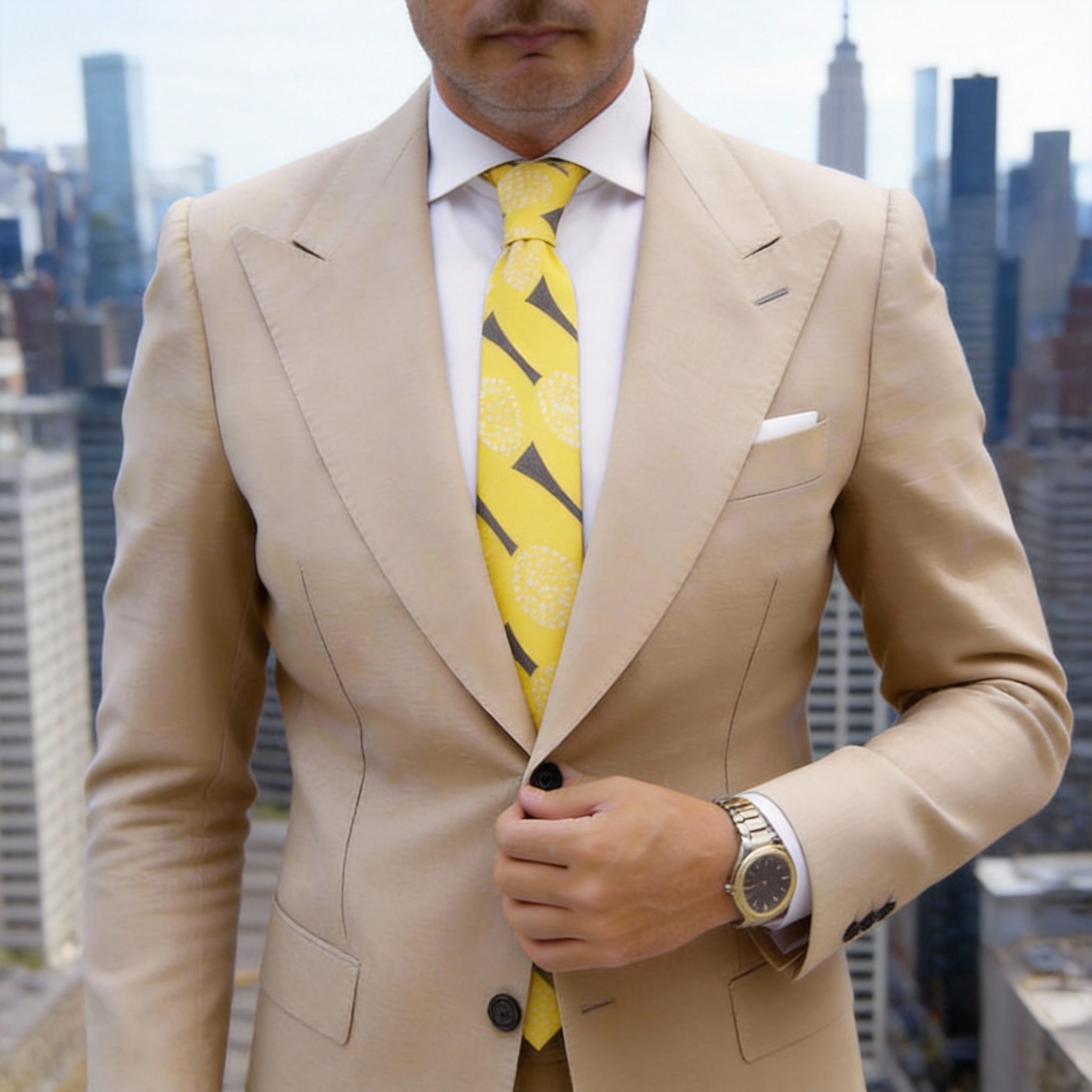 Yellow Necktie With White Dots & Gray Arrows