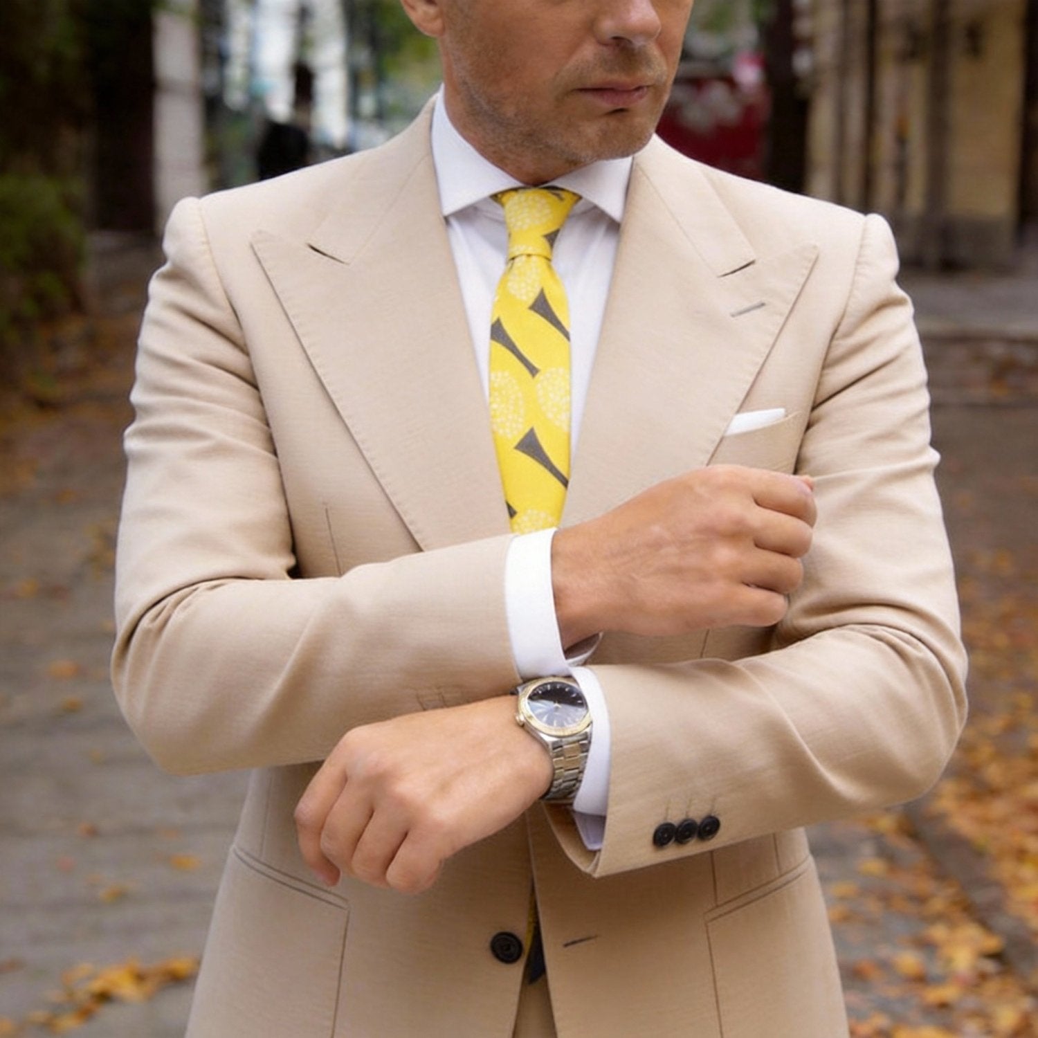Yellow Necktie With White Dots & Gray Arrows