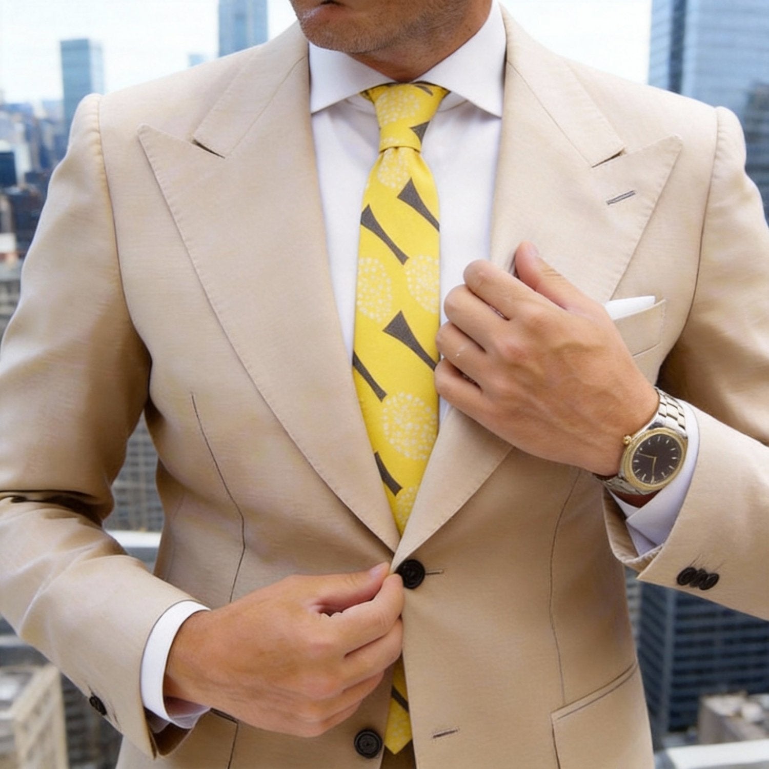 Yellow Necktie With White Dots & Gray Arrows