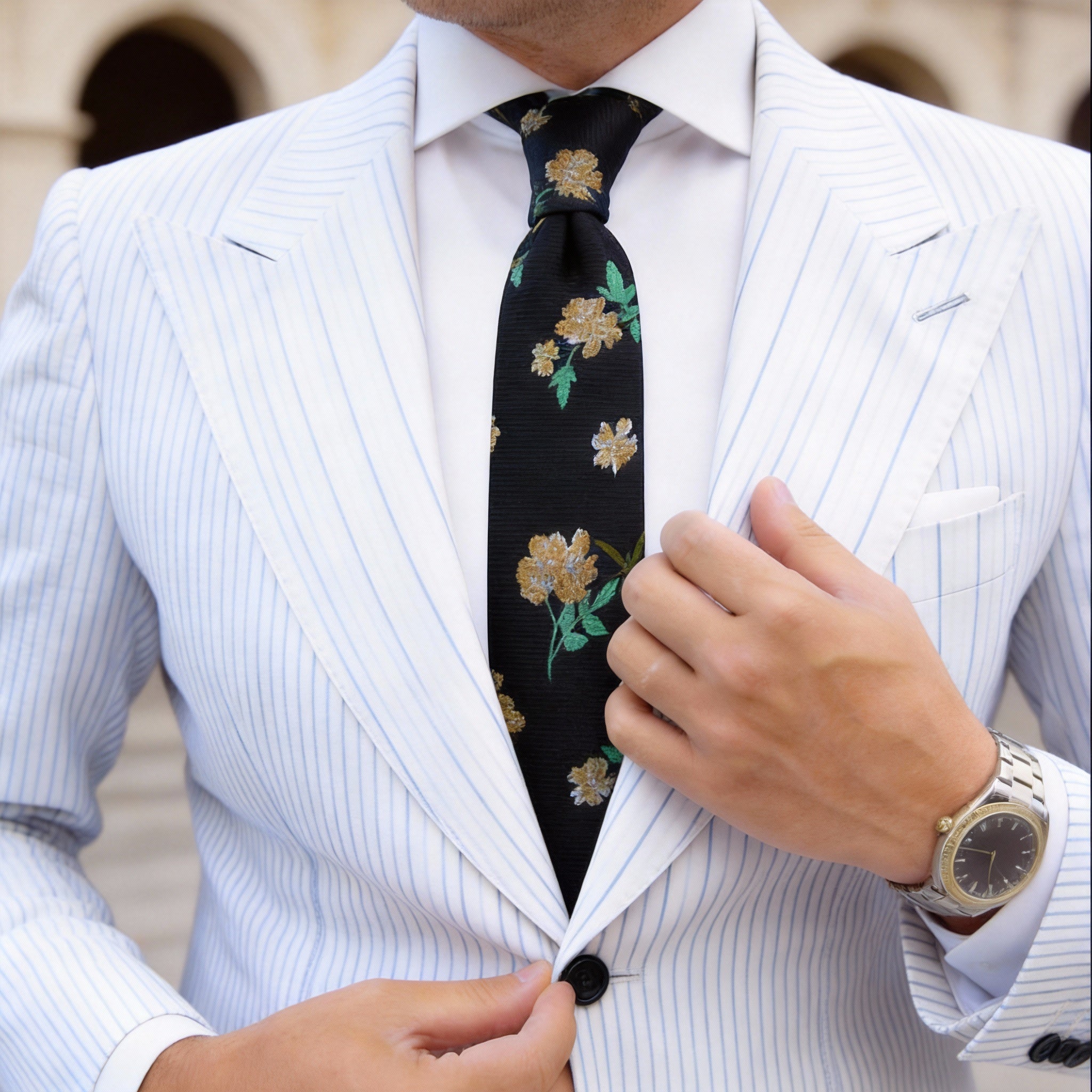 Black Necktie With Yellow Floral