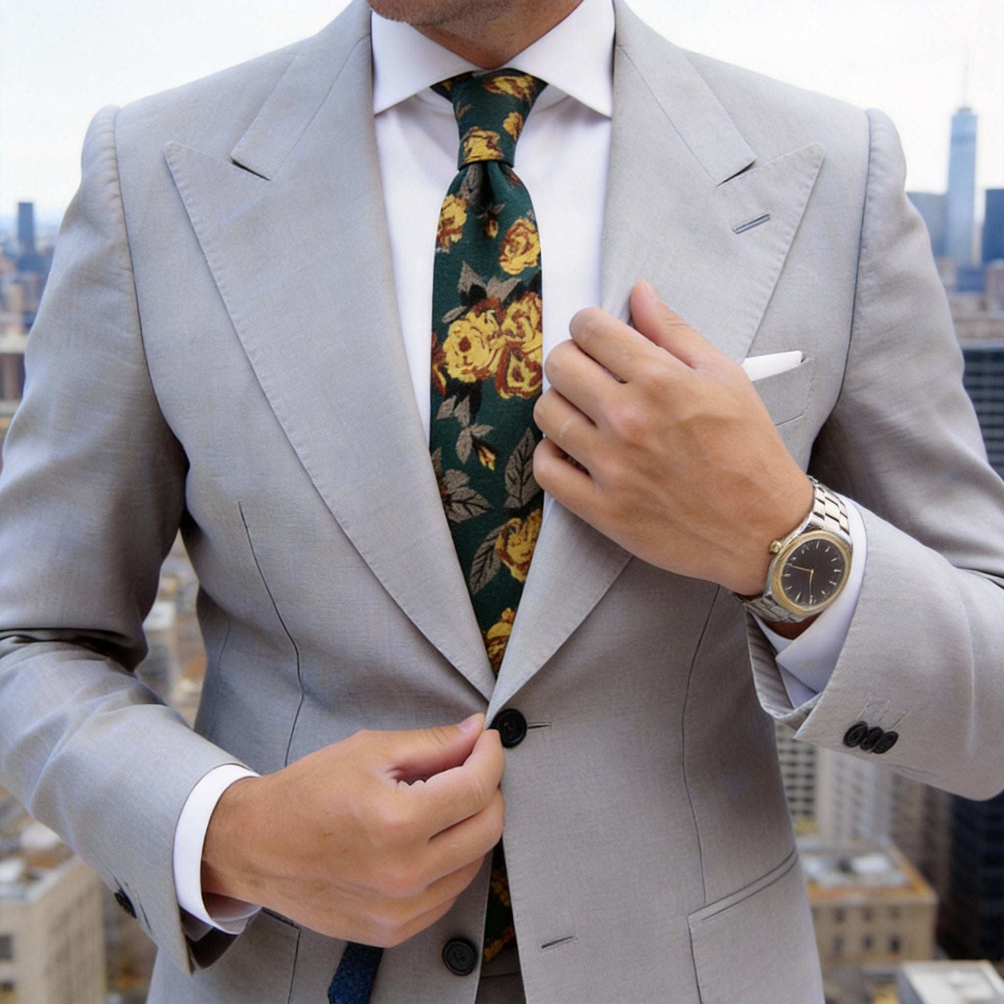 Dark Green with Yellow Floral Necktie