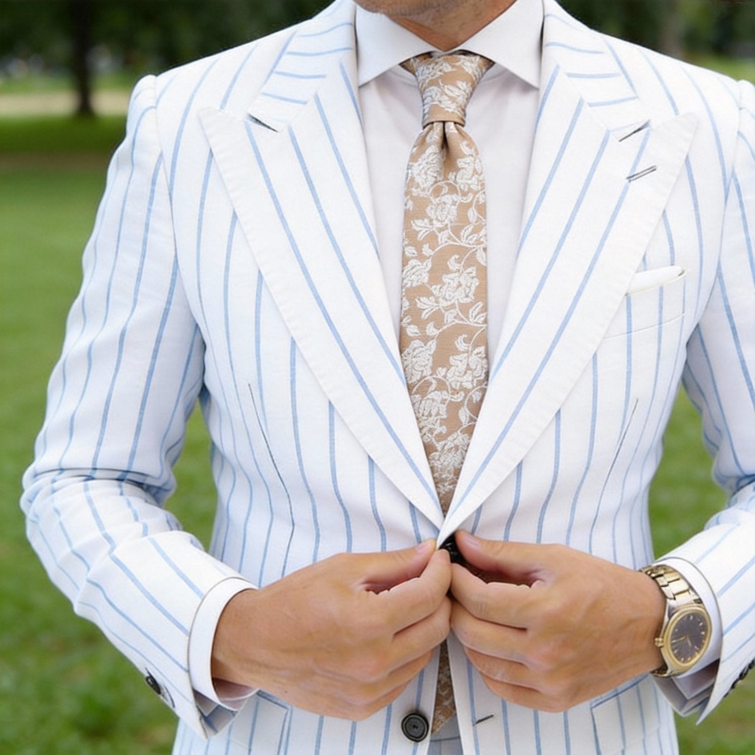 Tan With White Floral Necktie