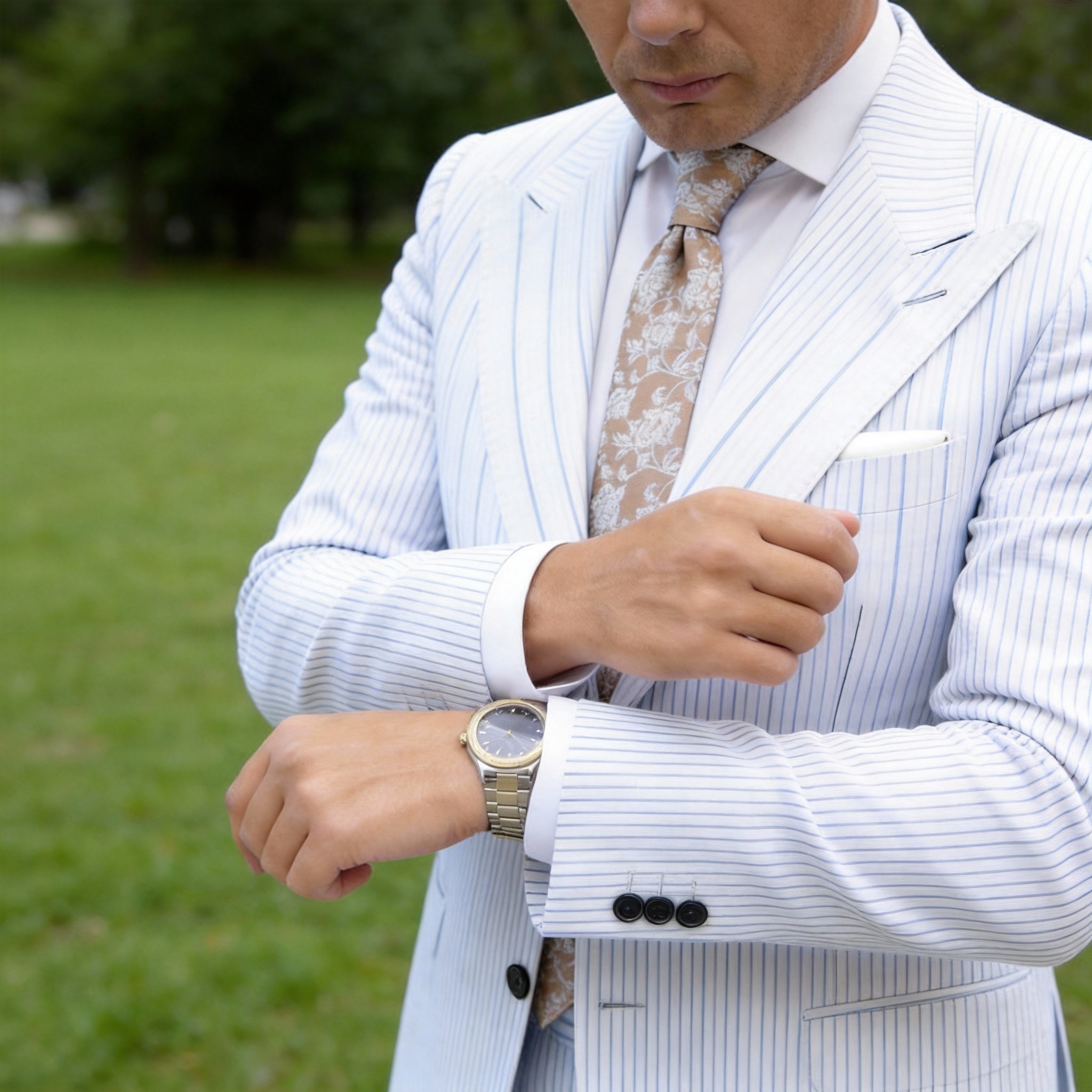 Tan With White Floral Necktie