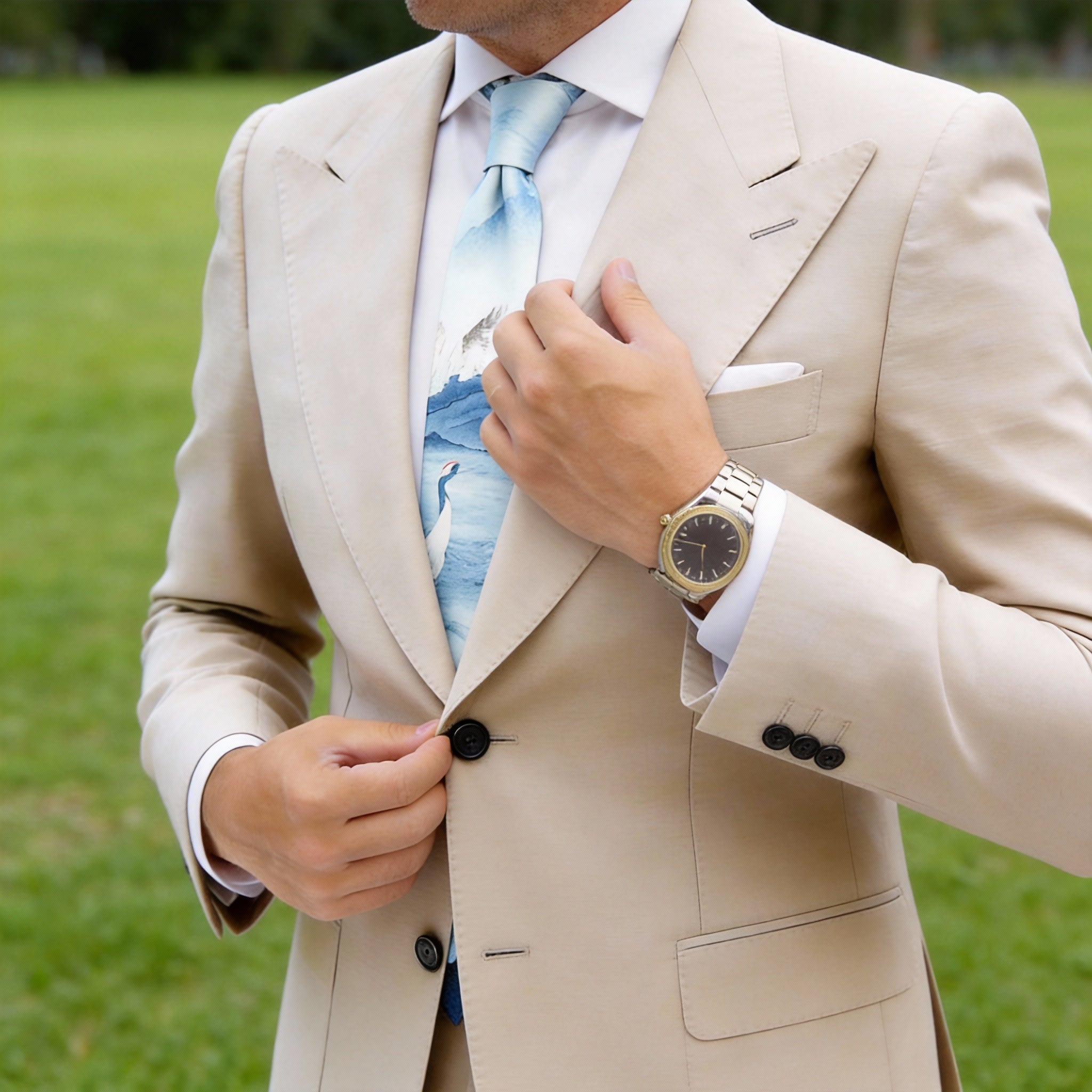 White with Blue Crane and Mountain Necktie