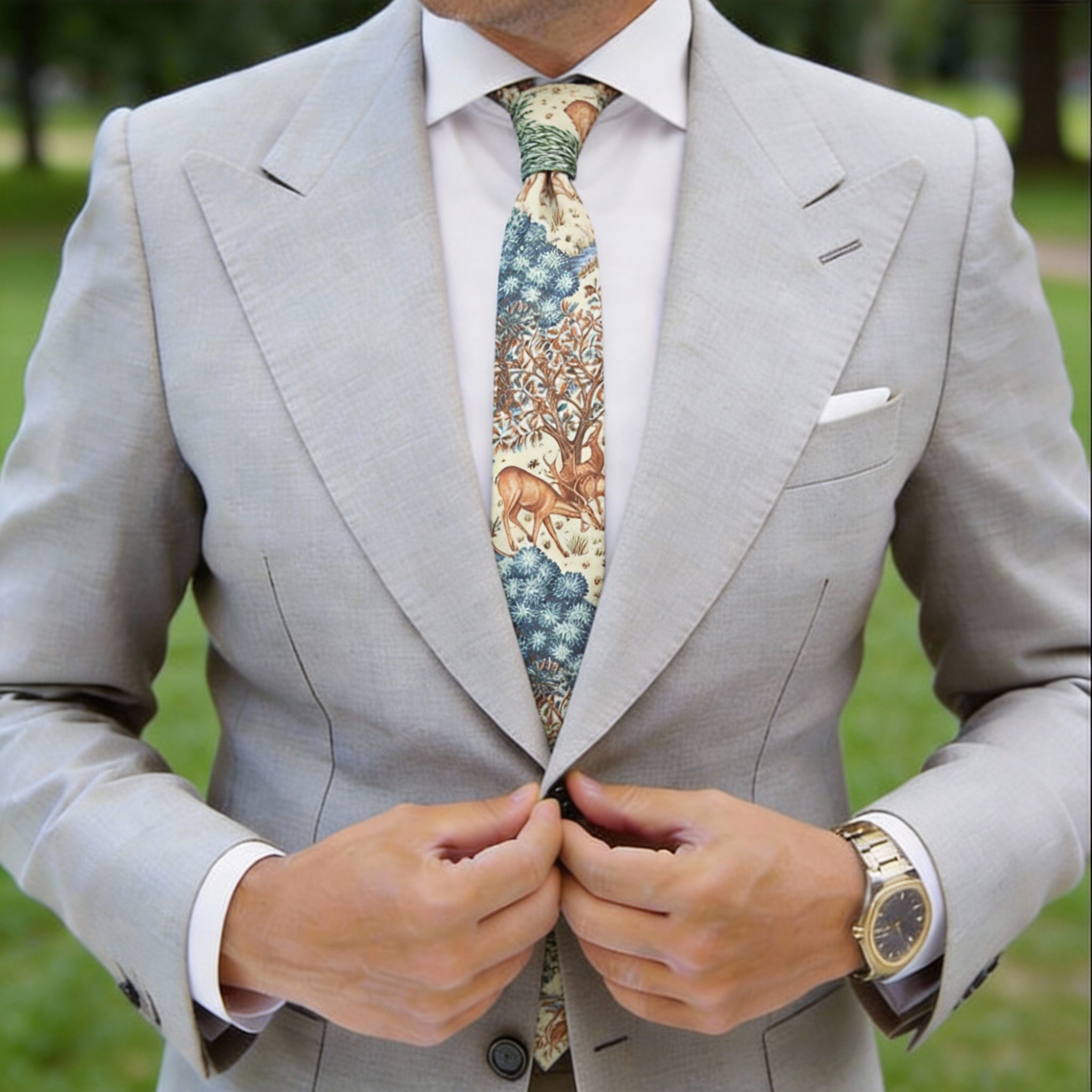 Beige With Brown Deer Forest Necktie