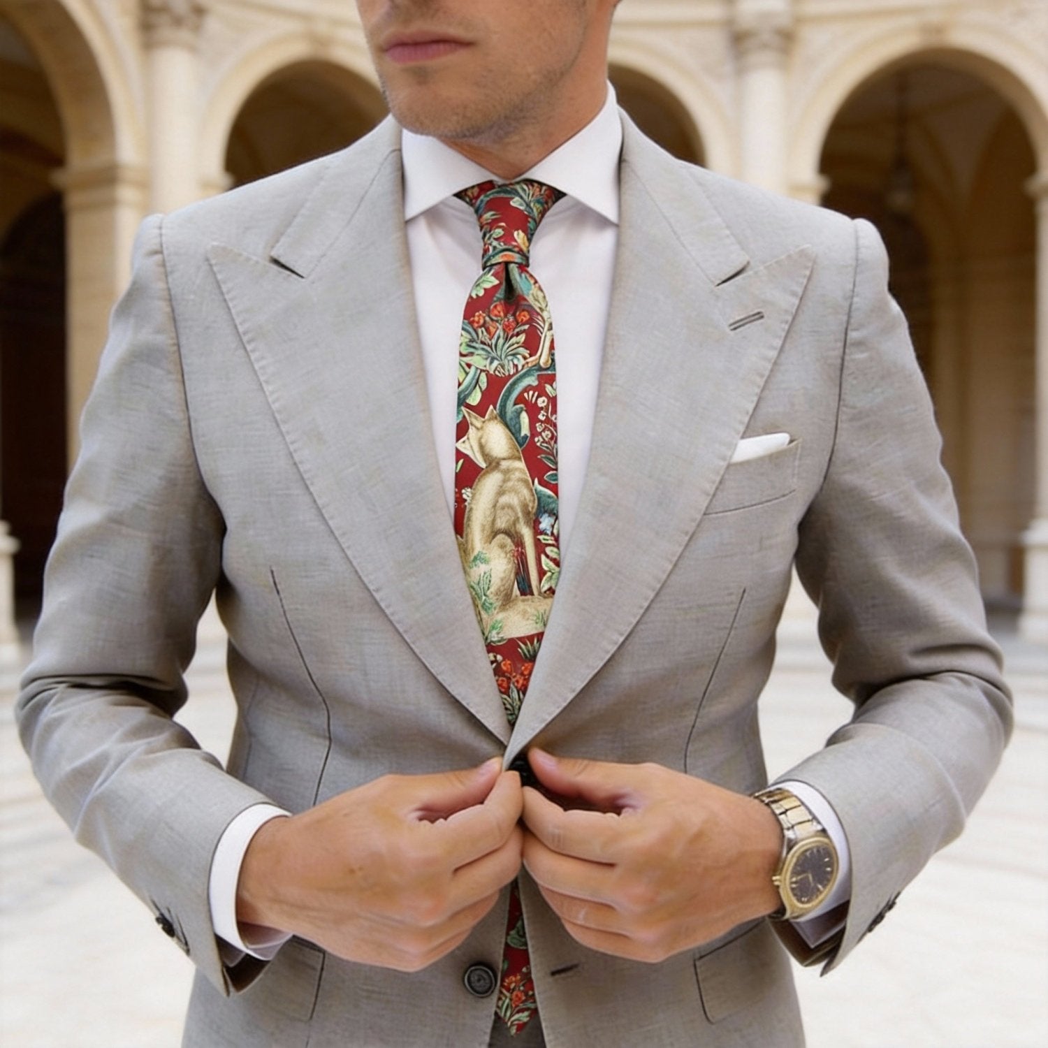 Red With Green Animal Floral Necktie