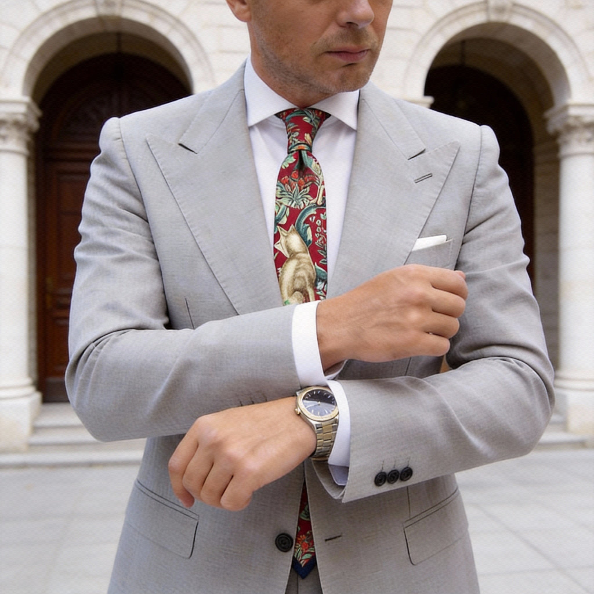 Red With Green Animal Floral Necktie