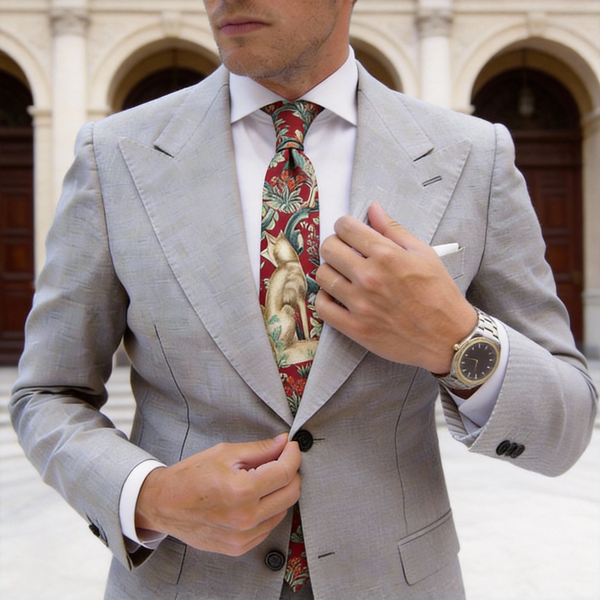 Red With Green Animal Floral Necktie