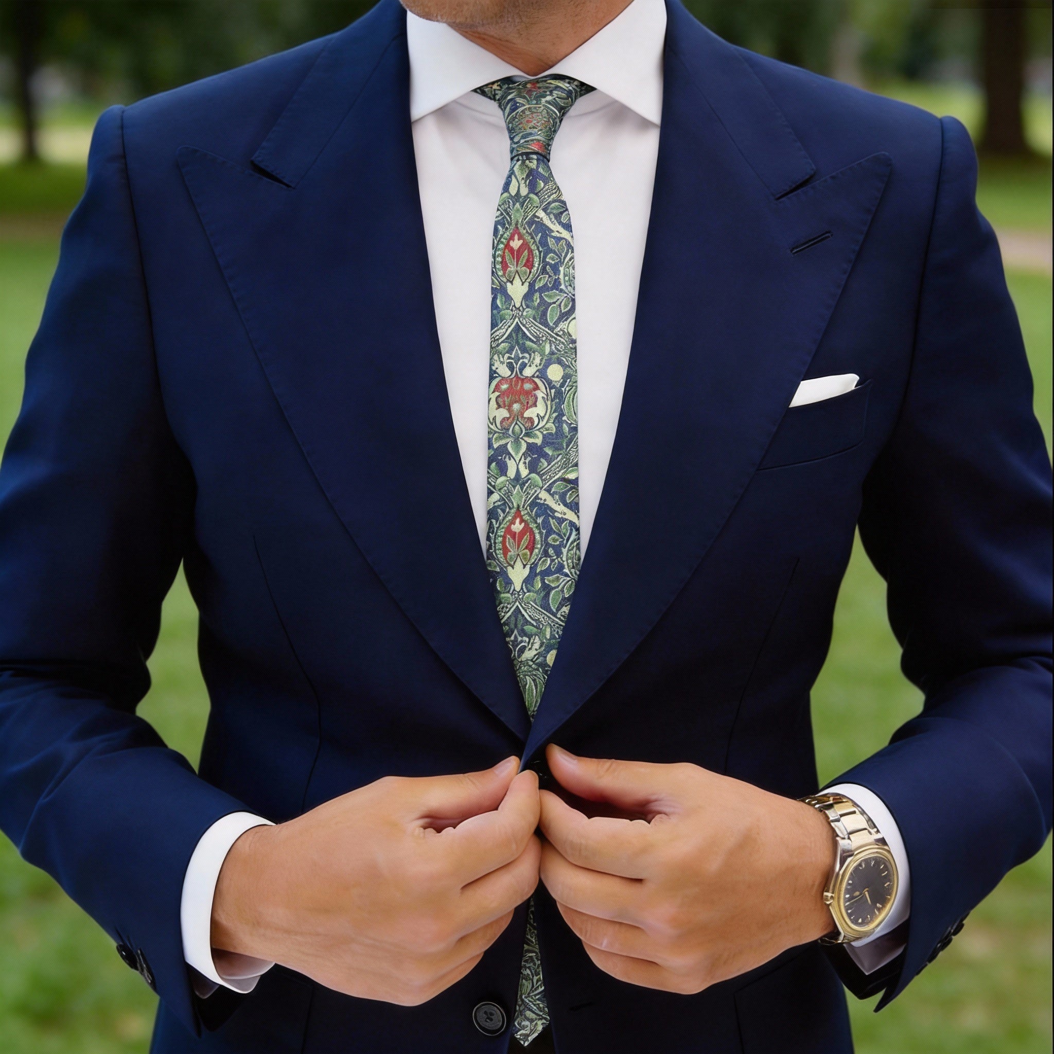 Blue With Red Floral Botanical Necktie