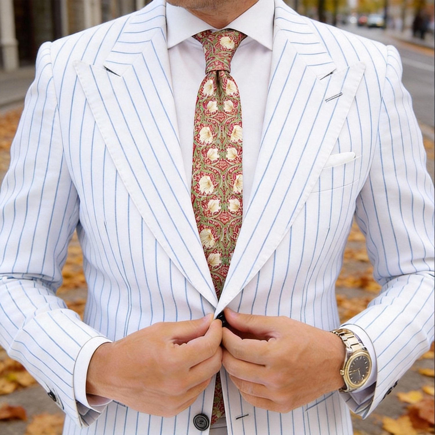 Red With Green White Floral Necktie