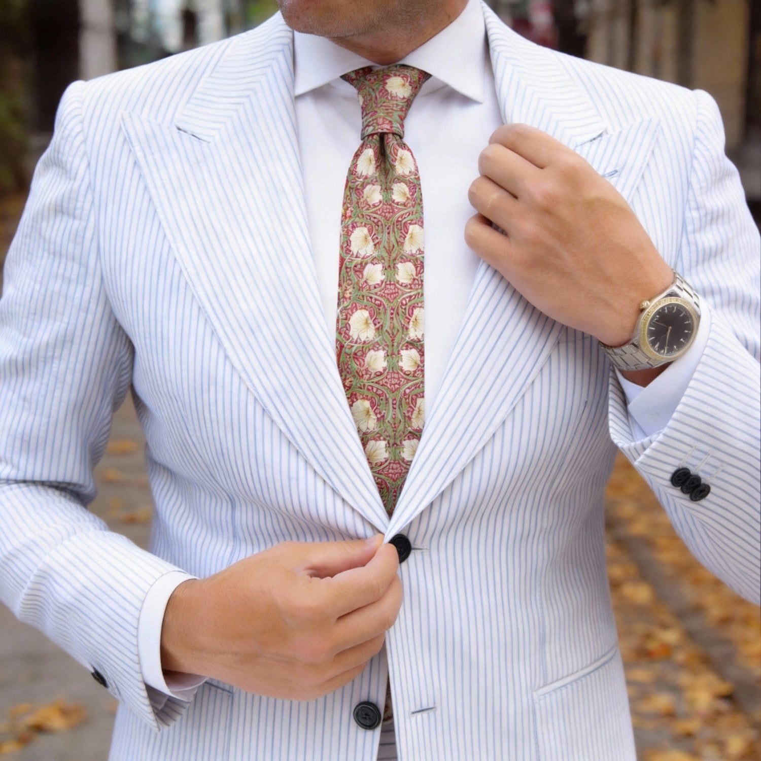 Red With Green White Floral Necktie