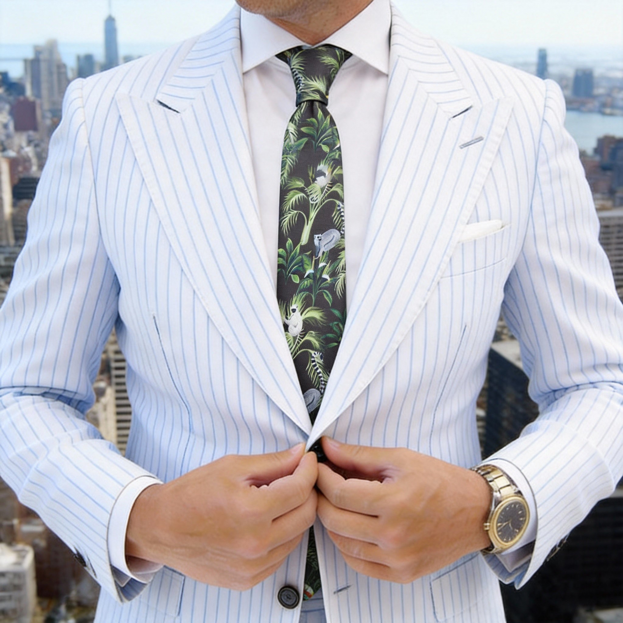 Black with Green Tropical Plant & Animal Necktie