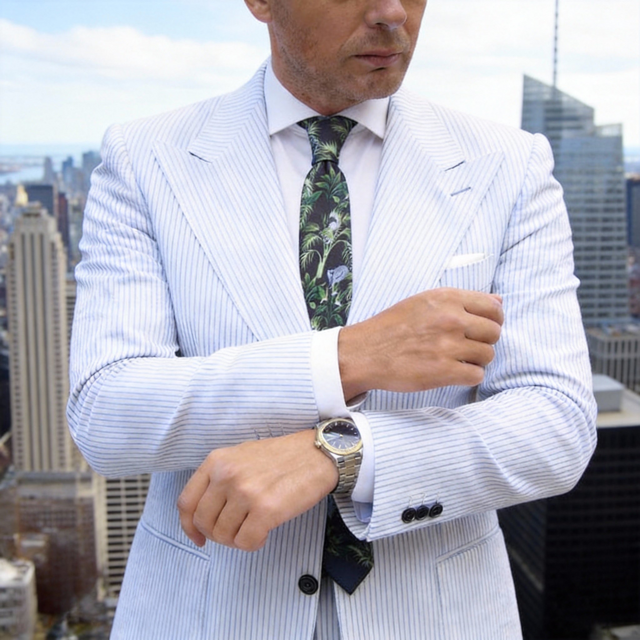 Black with Green Tropical Plant & Animal Necktie