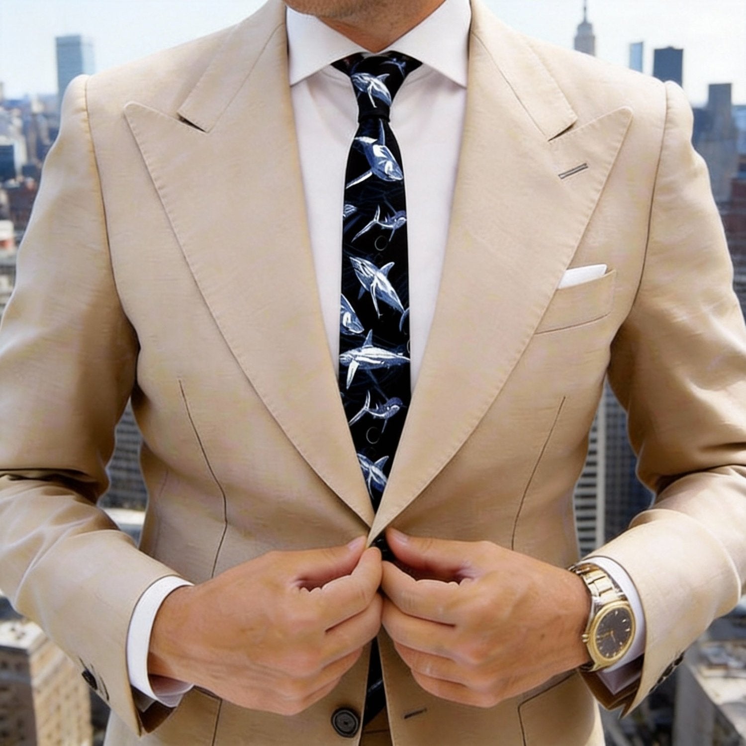 Black With Blue And White Fish Necktie