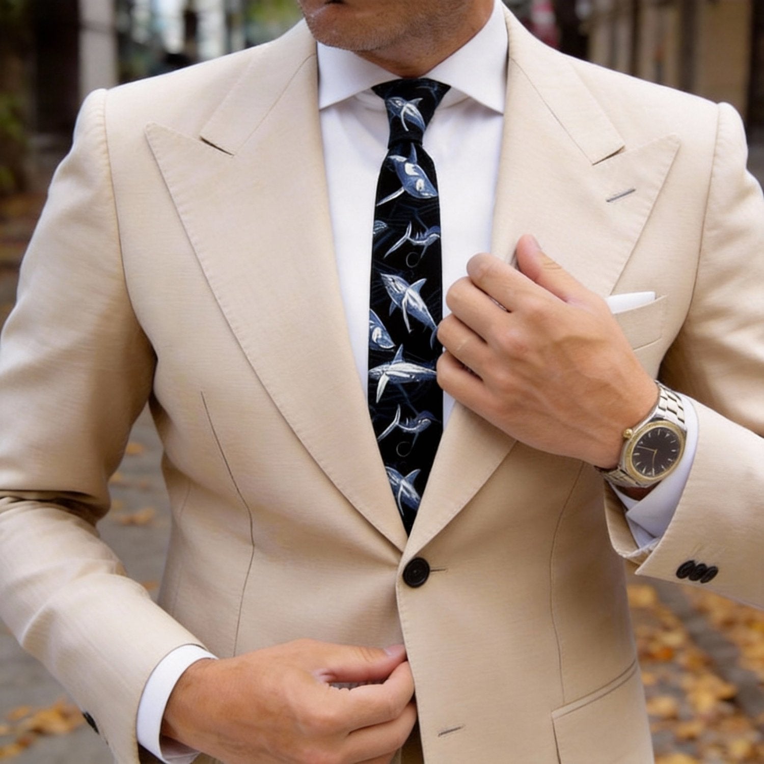 Black With Blue And White Fish Necktie