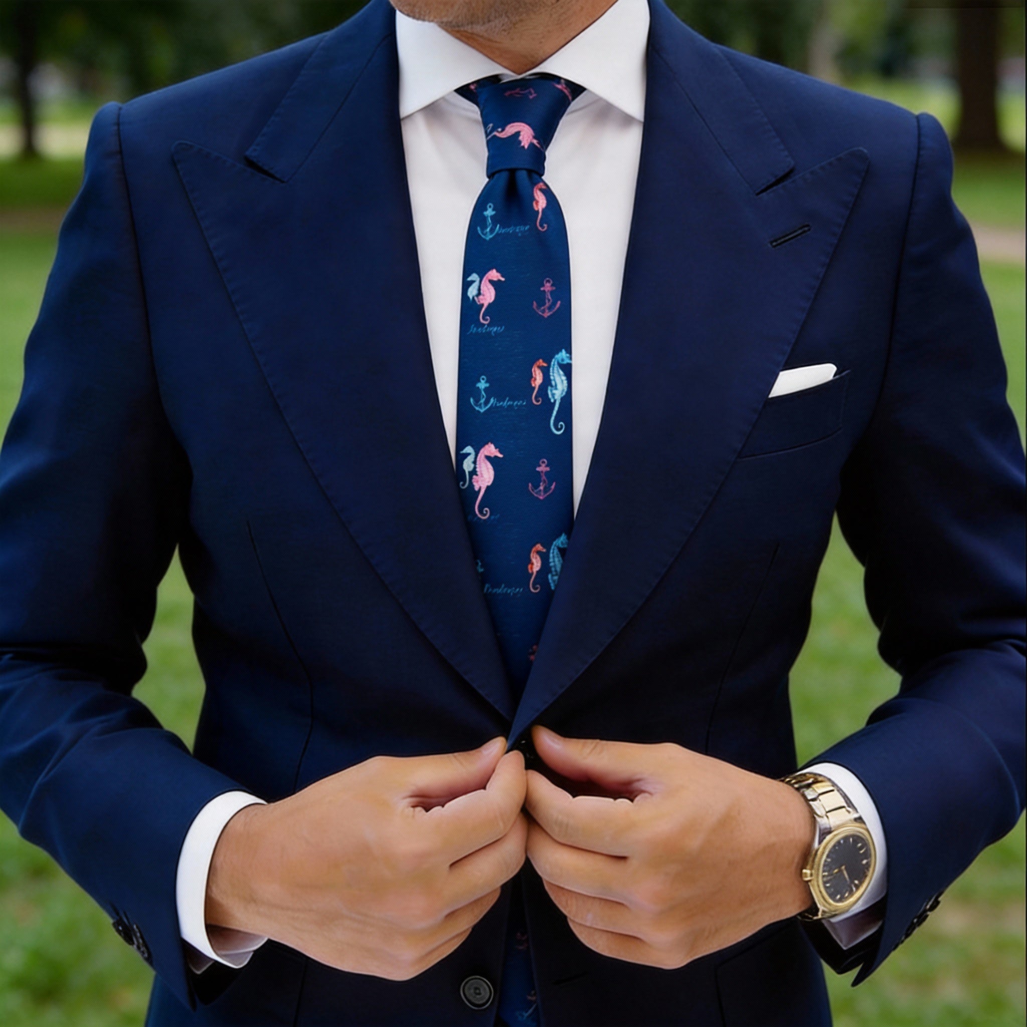 Blue Necktie With Colorful Seahorse & Anchor