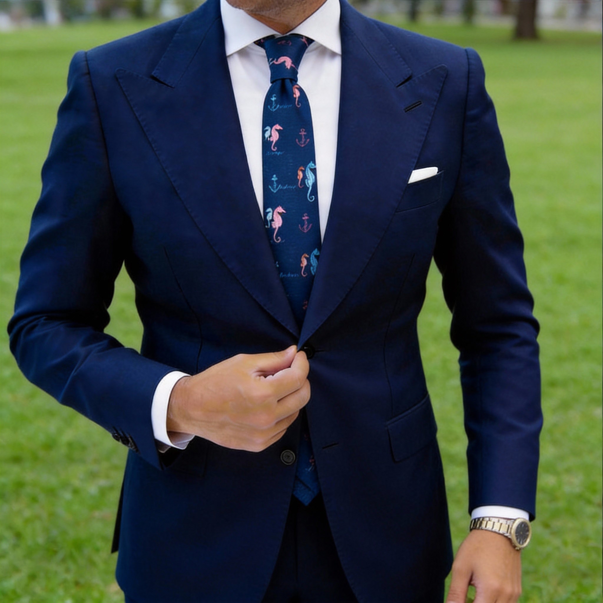 Blue Necktie With Colorful Seahorse & Anchor