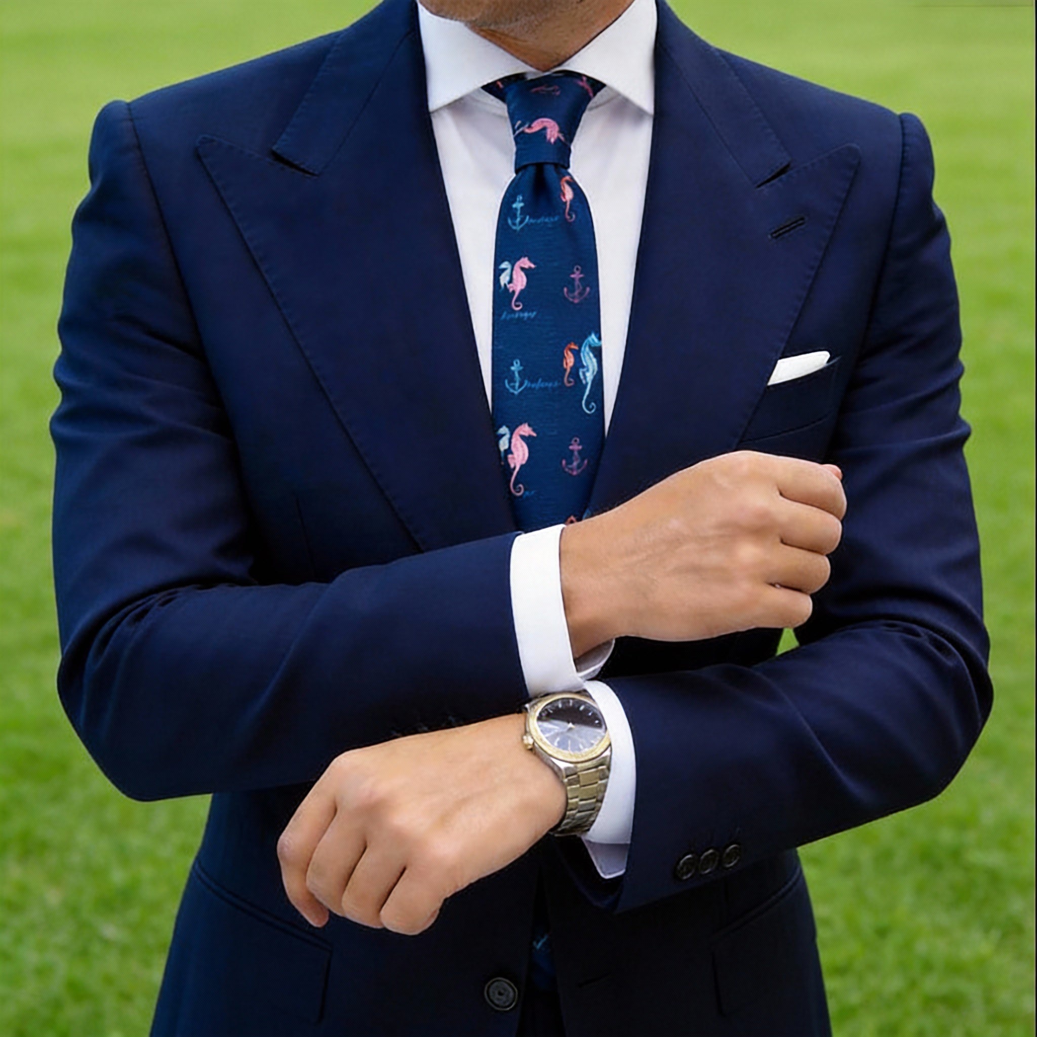 Blue Necktie With Colorful Seahorse & Anchor