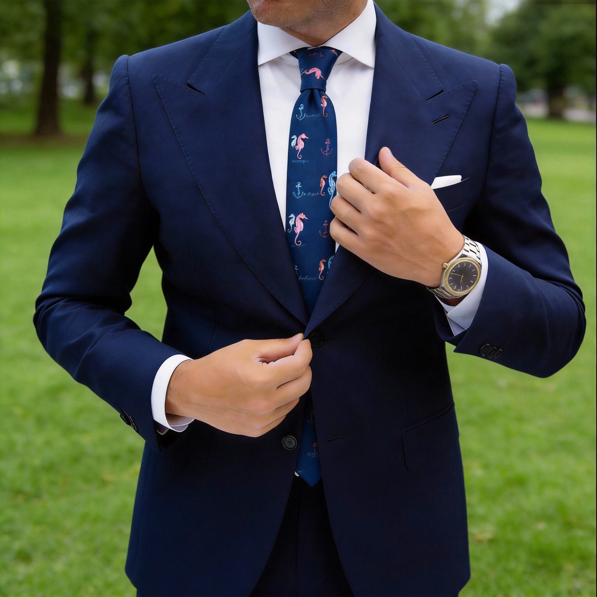 Blue Necktie With Colorful Seahorse & Anchor