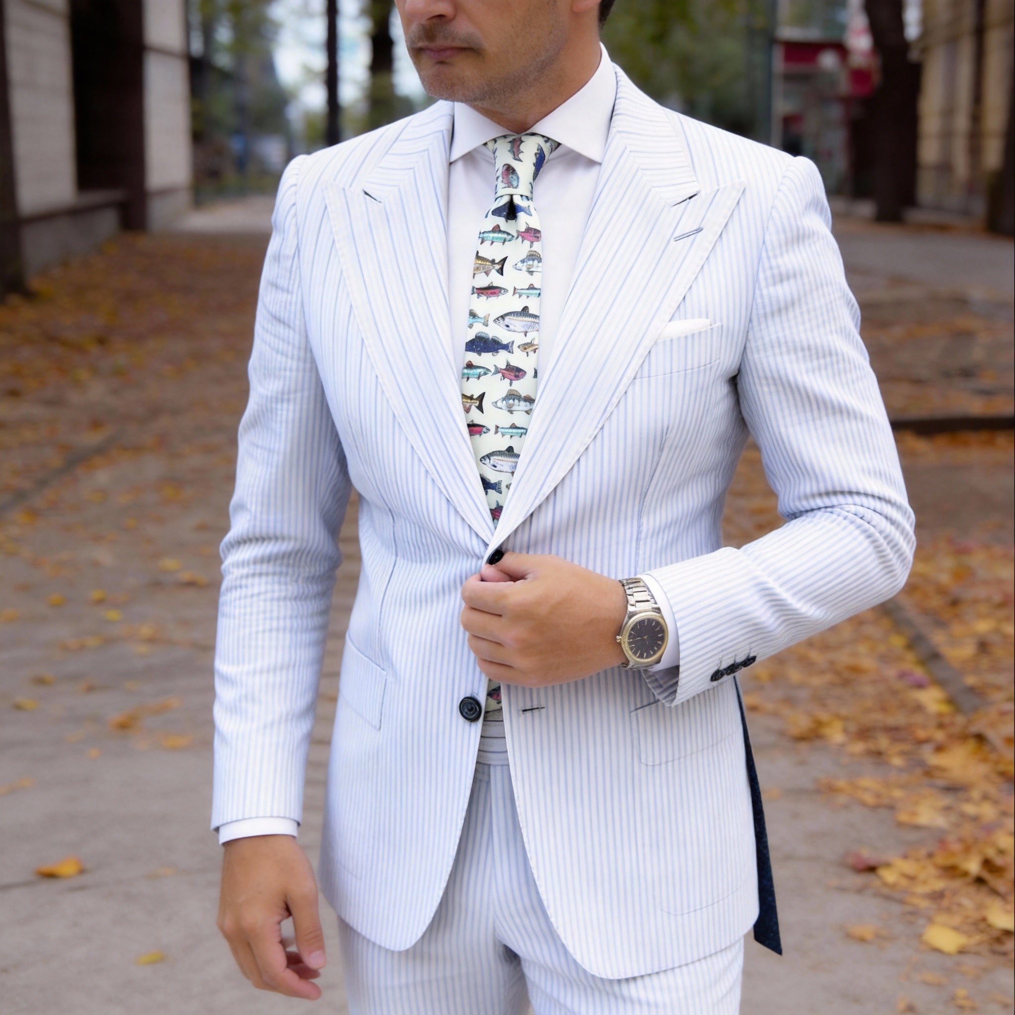 Light Beige With Colorful Fish Necktie