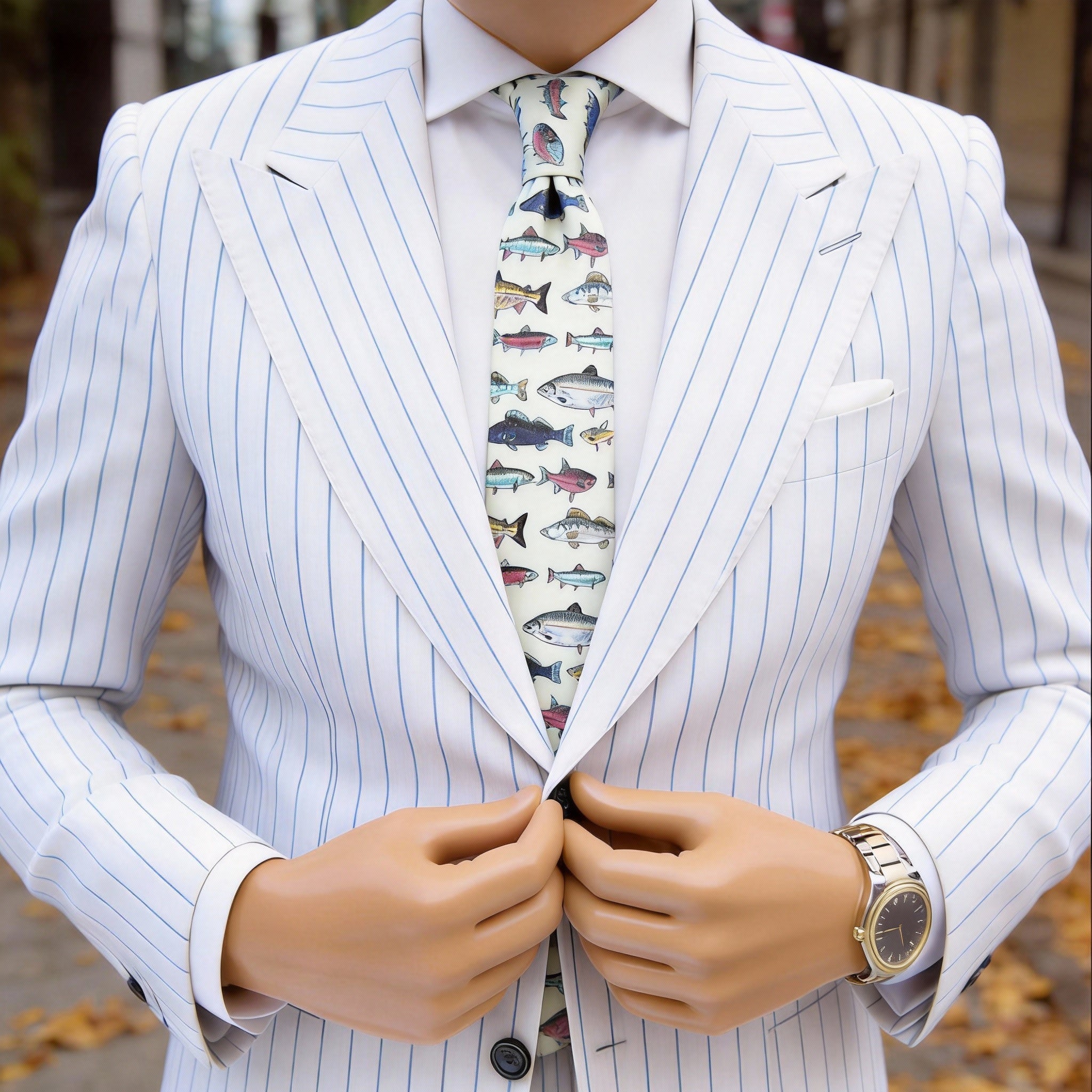Light Beige With Colorful Fish Necktie