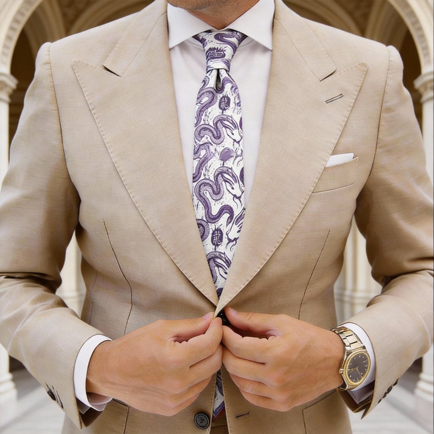 White With Blue Dragon Necktie