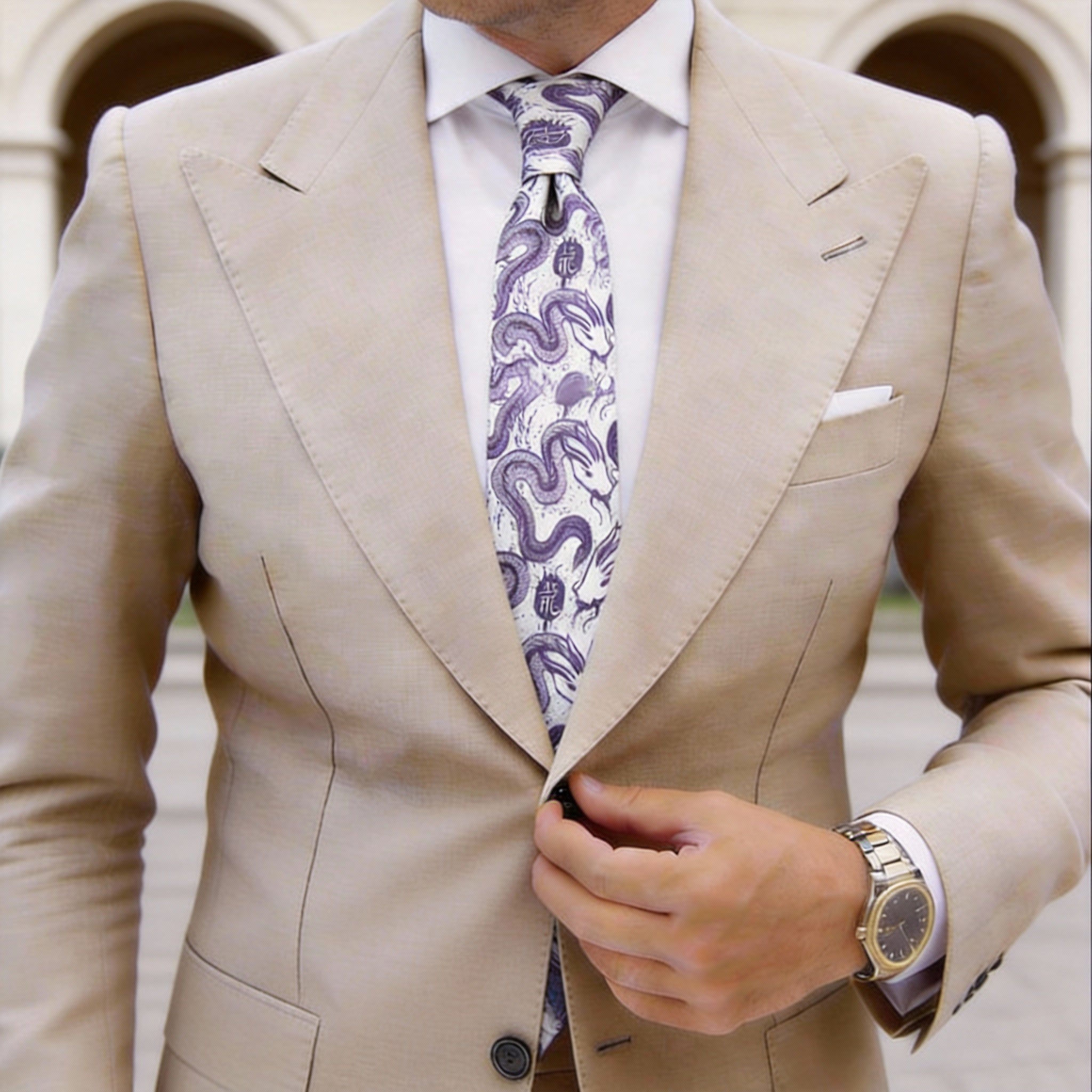 White With Blue Dragon Necktie