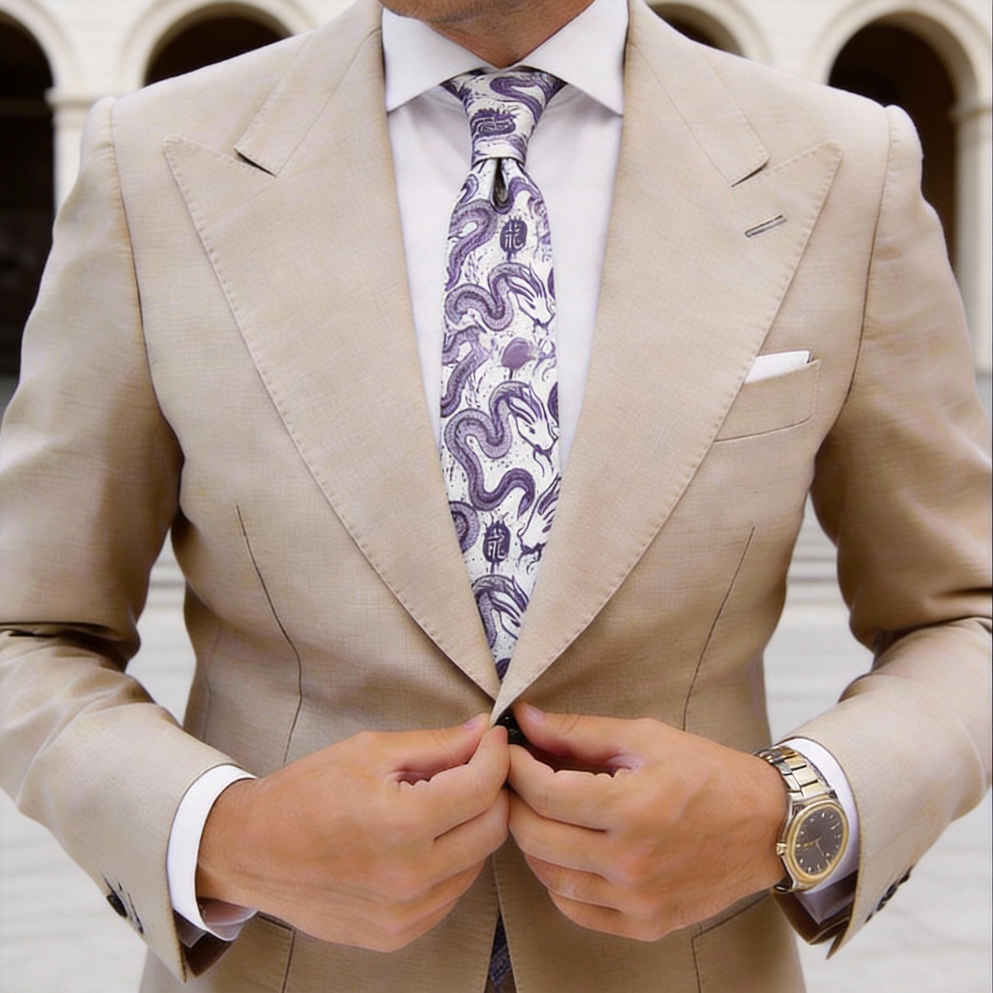 White With Blue Dragon Necktie