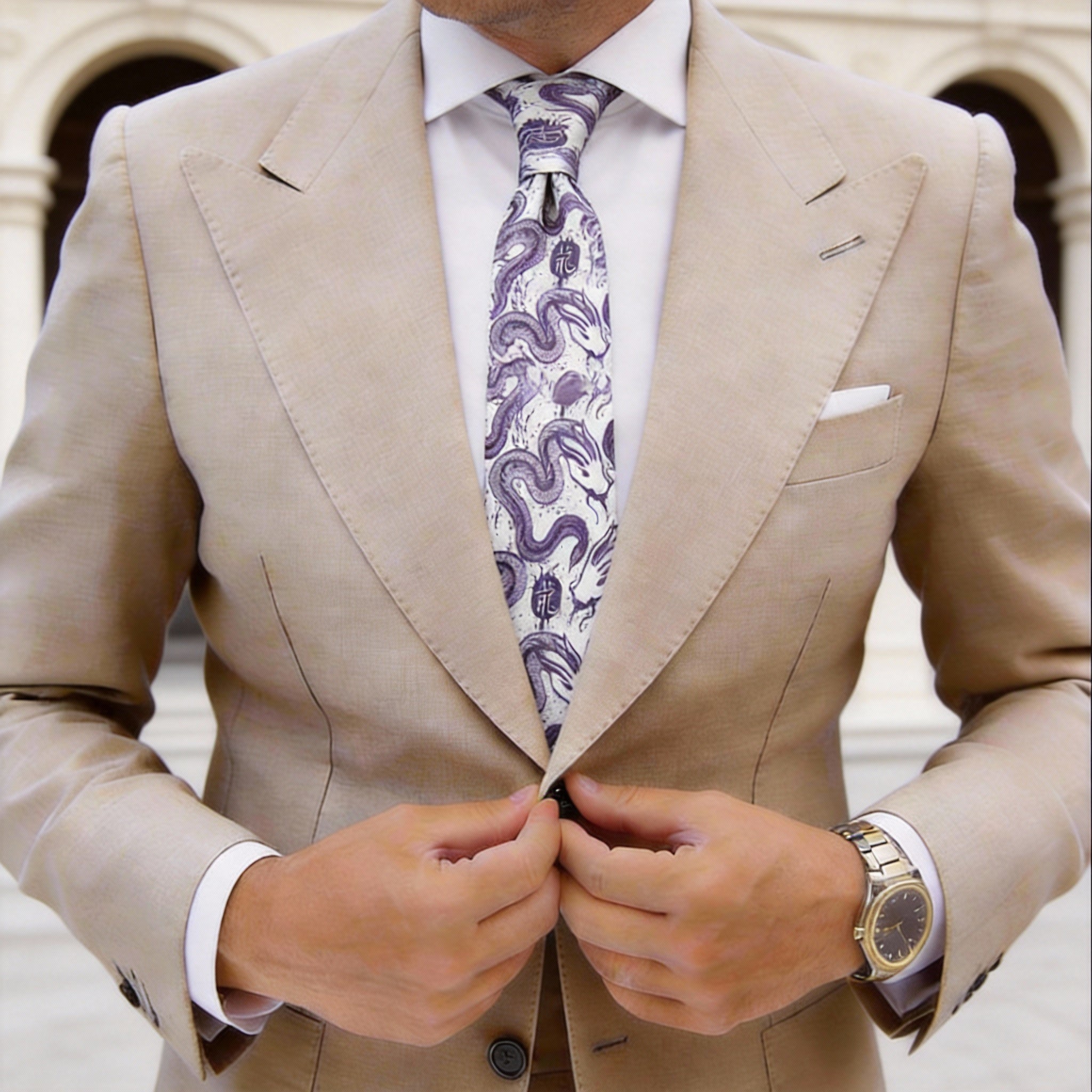 White With Blue Dragon Necktie