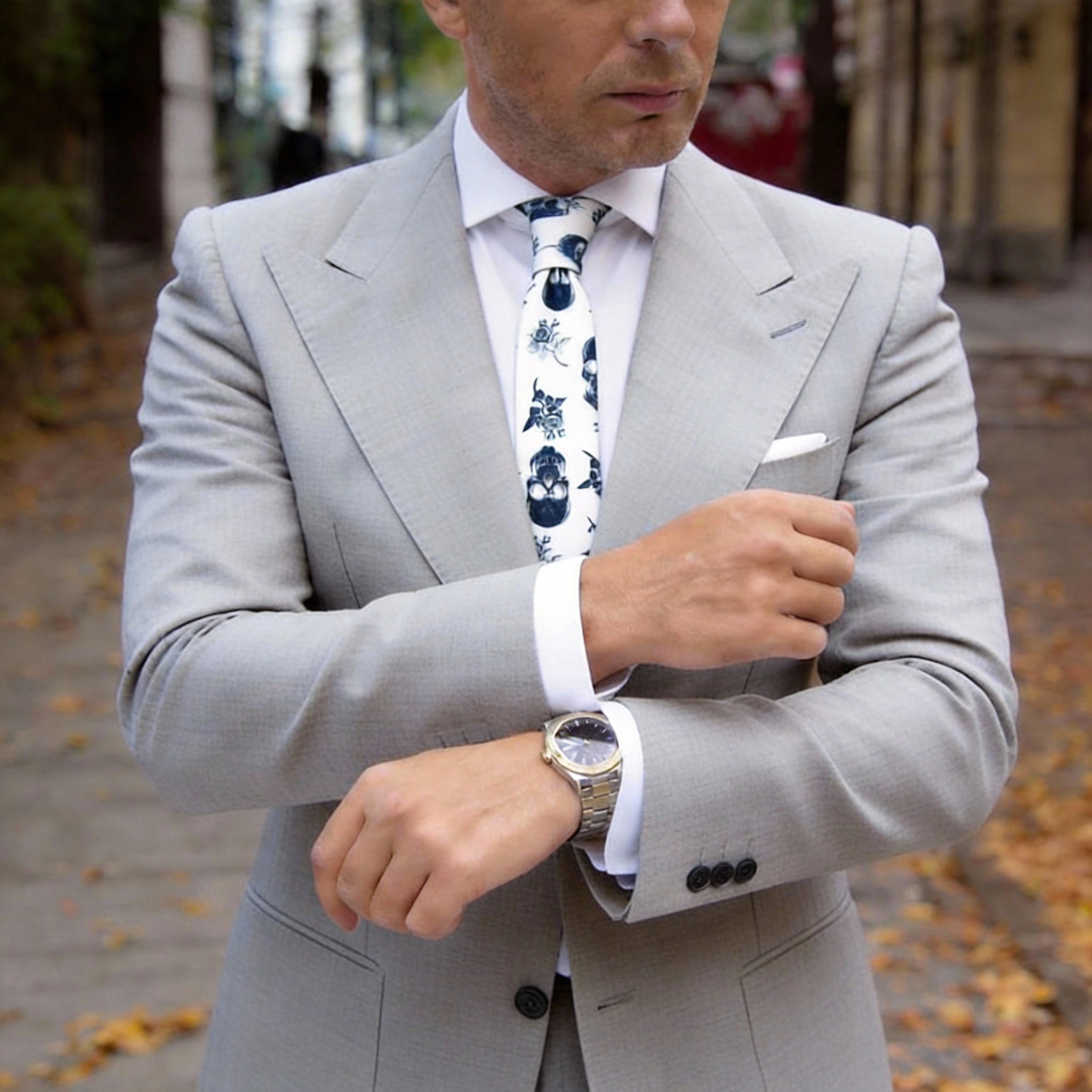 White With Navy Skull Rose Necktie