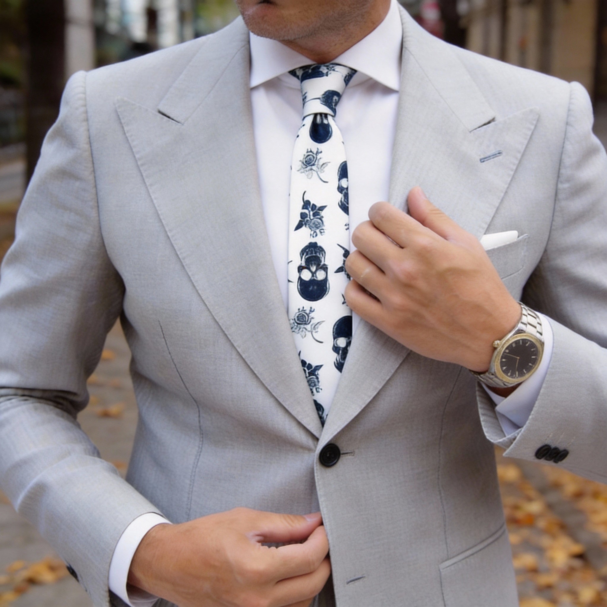 White With Navy Skull Rose Necktie