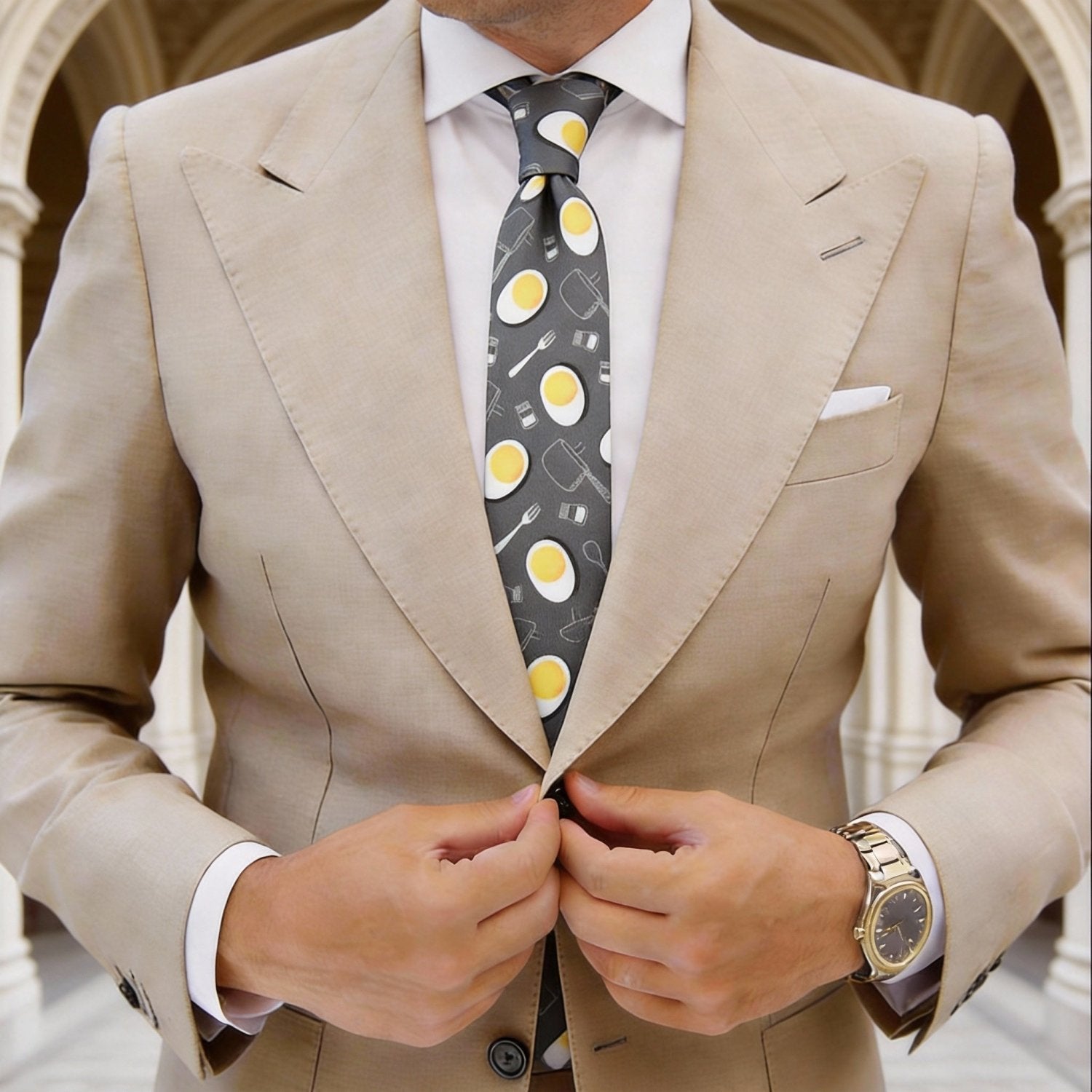 Dark Gray With White-Yellow Eggs&Utensils Necktie
