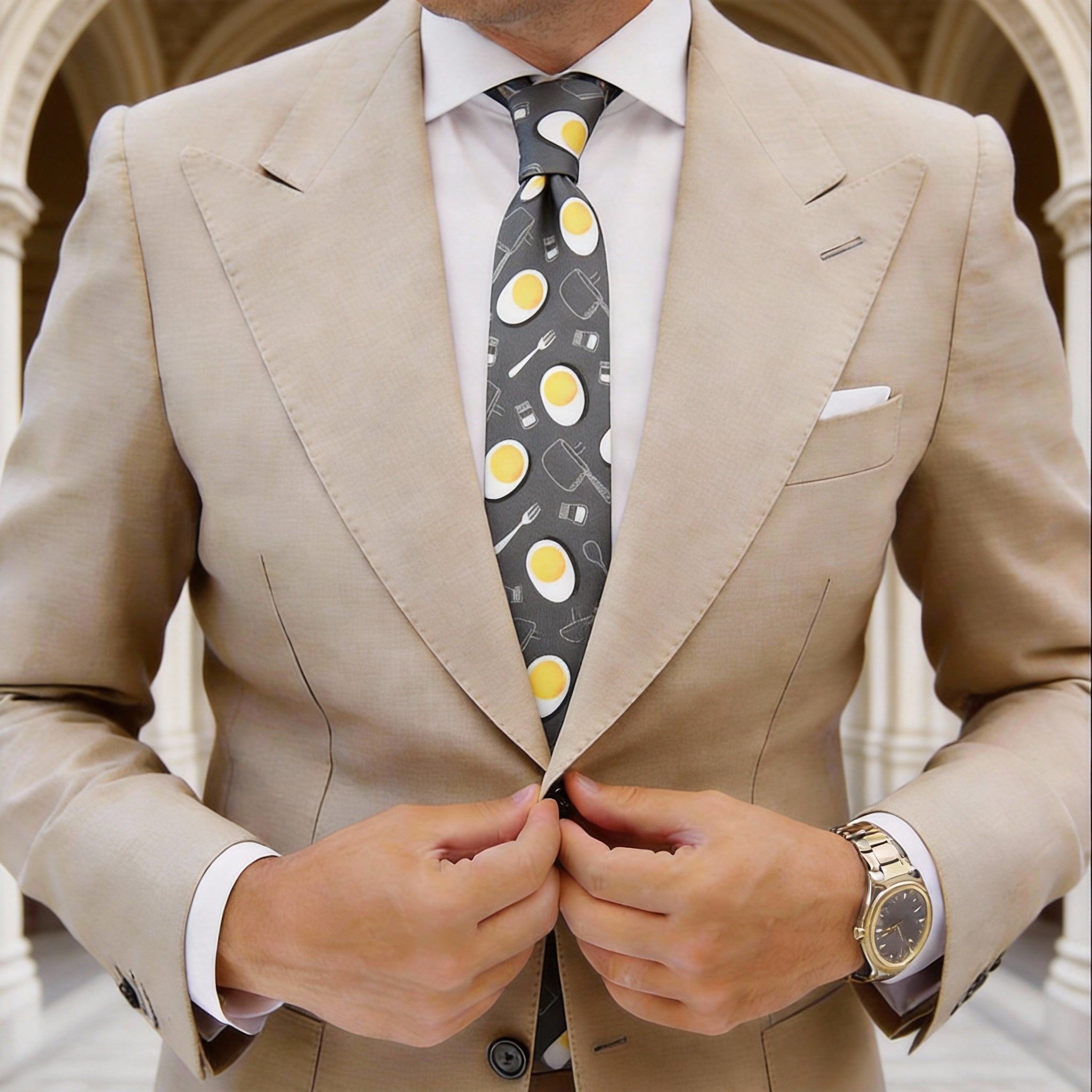 Dark Gray With White-Yellow Eggs&Utensils Necktie