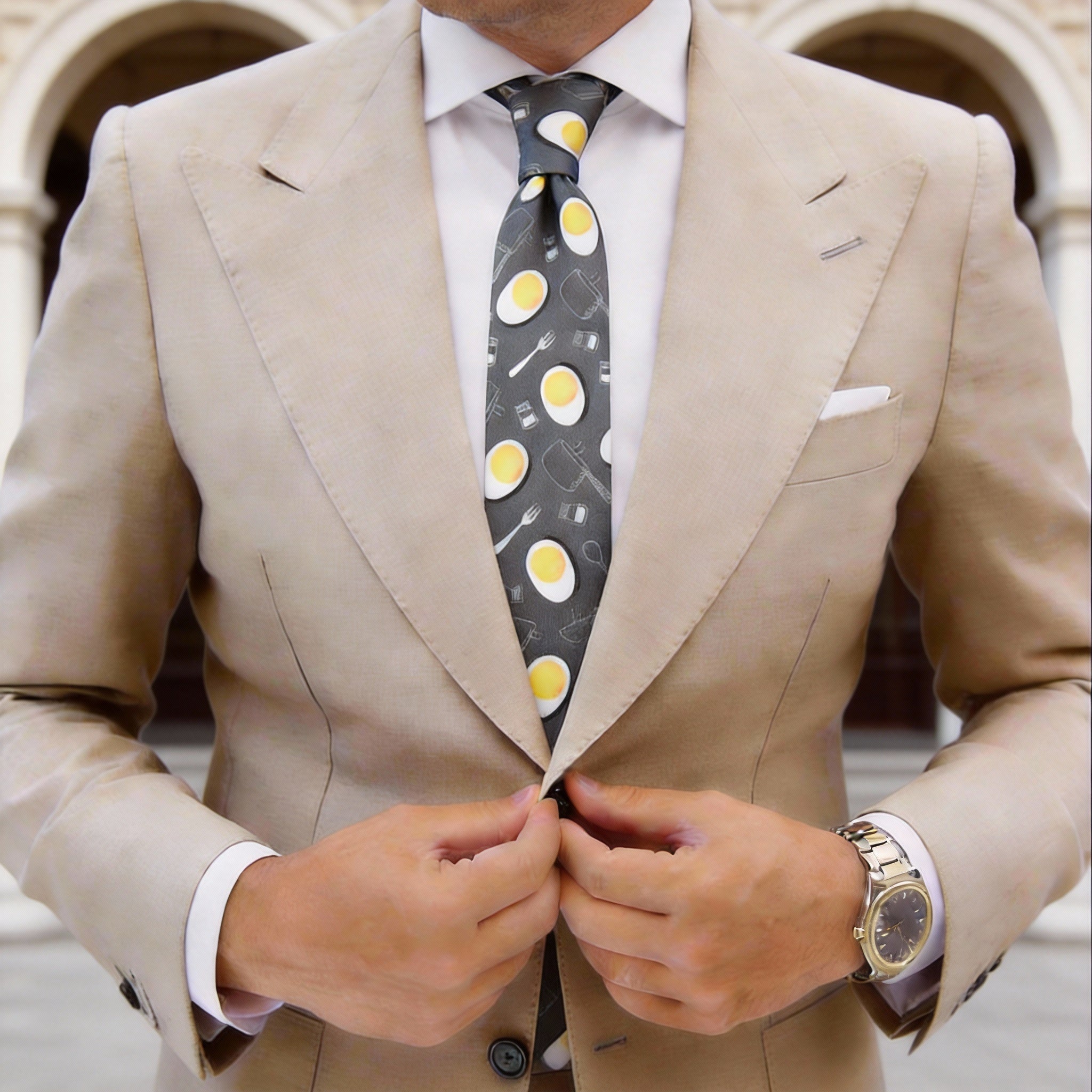 Dark Gray With White-Yellow Eggs&Utensils Necktie