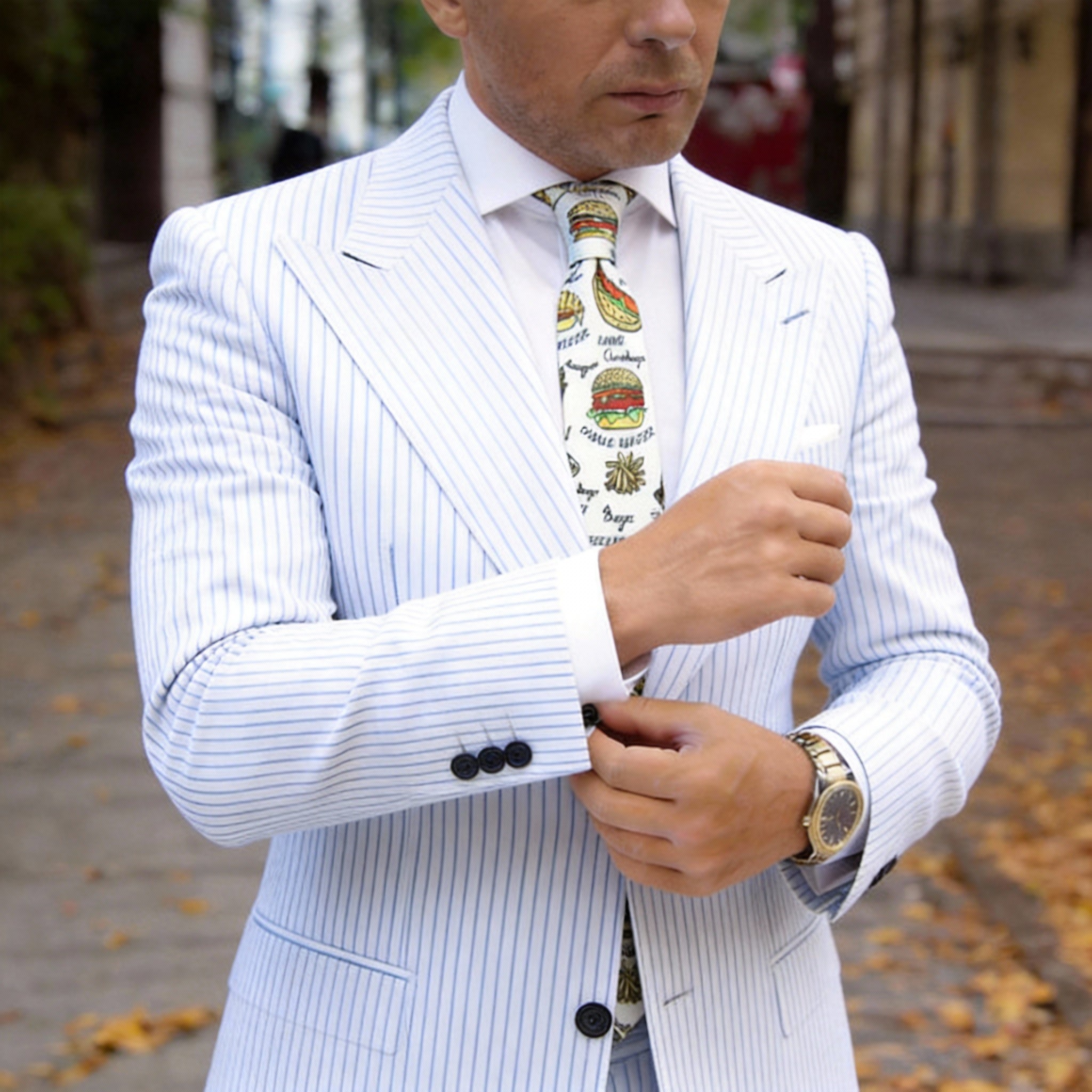 White With Colorful Fast Food Necktie