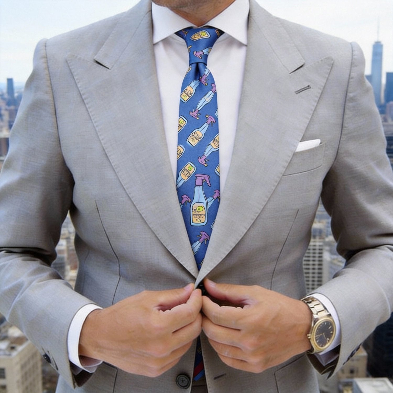 Blue Necktie With Purple Bottle