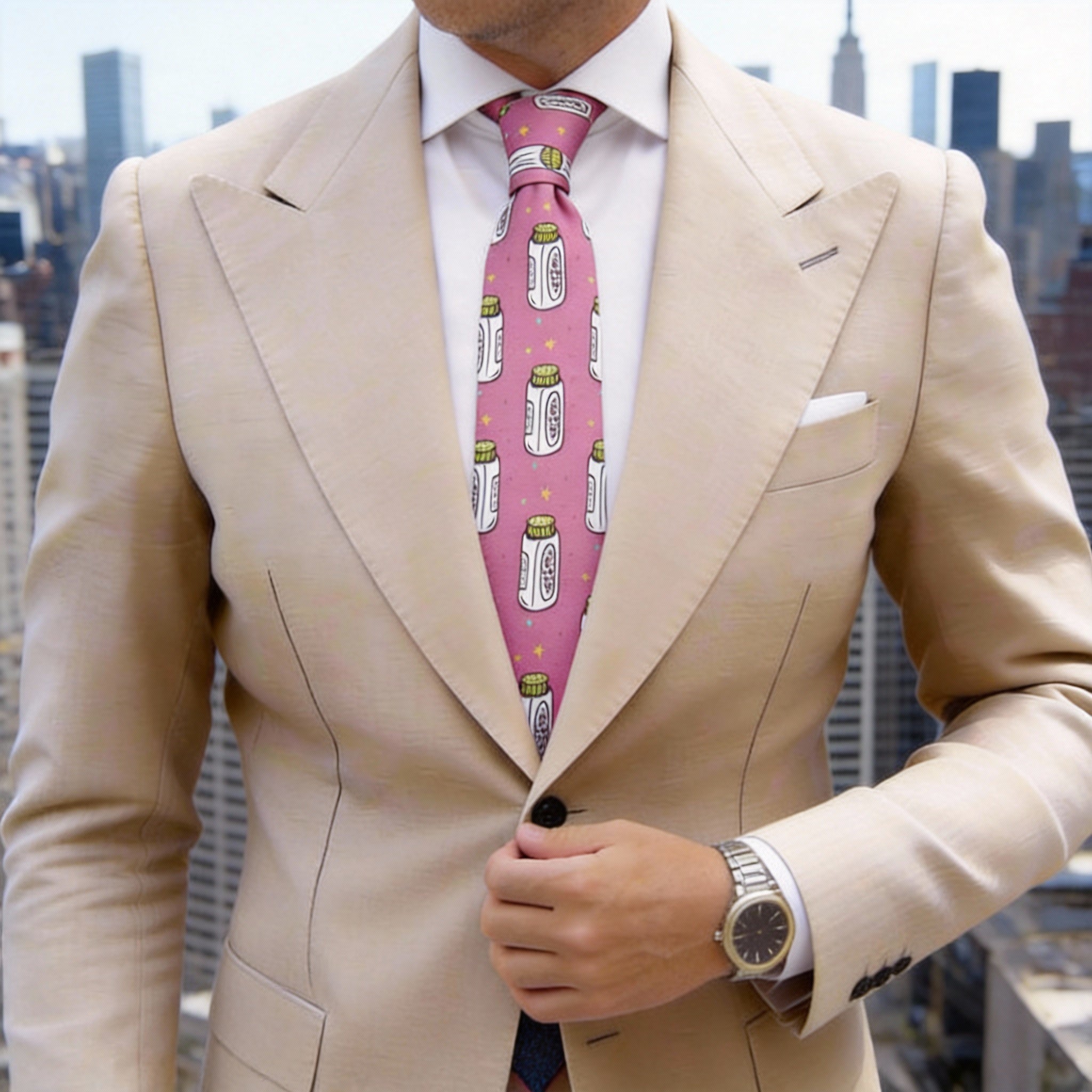 Pink With White-Green Bottles & Stars Necktie