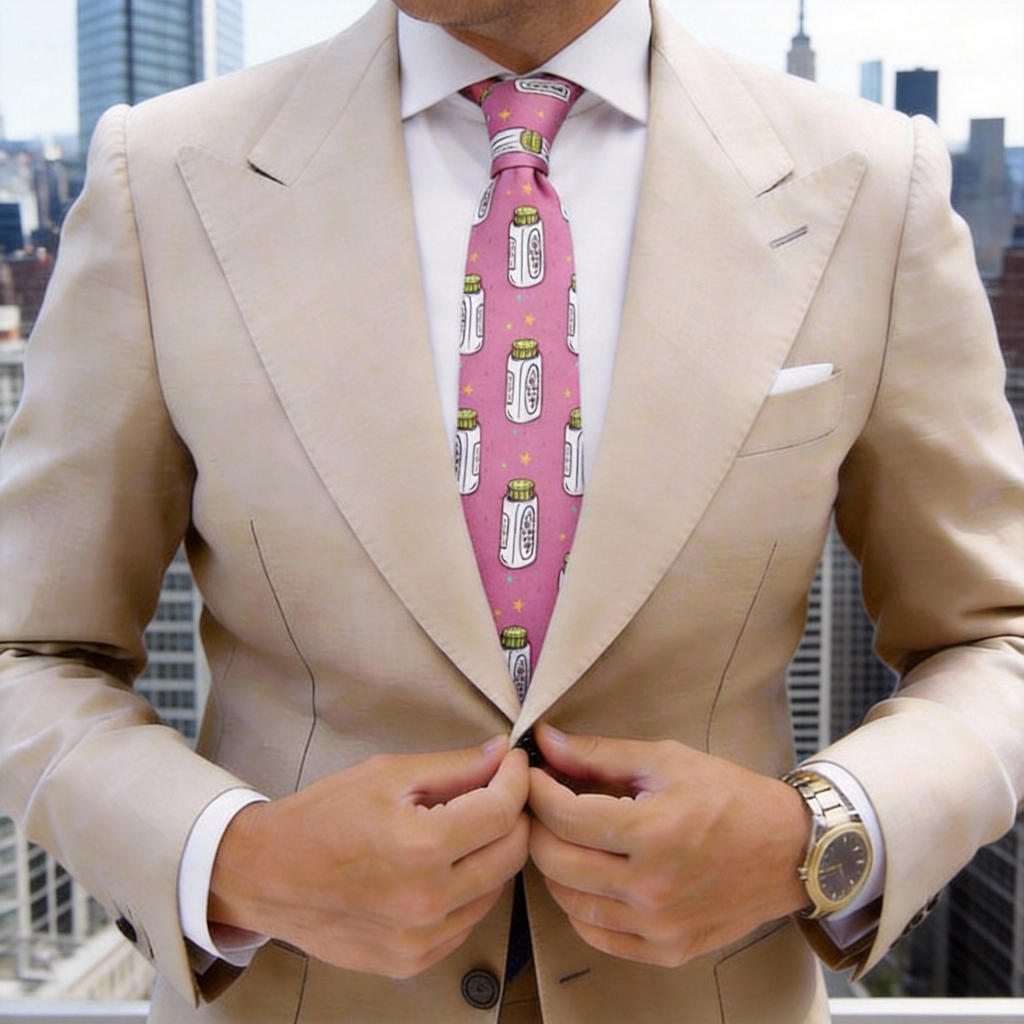 Pink With White-Green Bottles & Stars Necktie