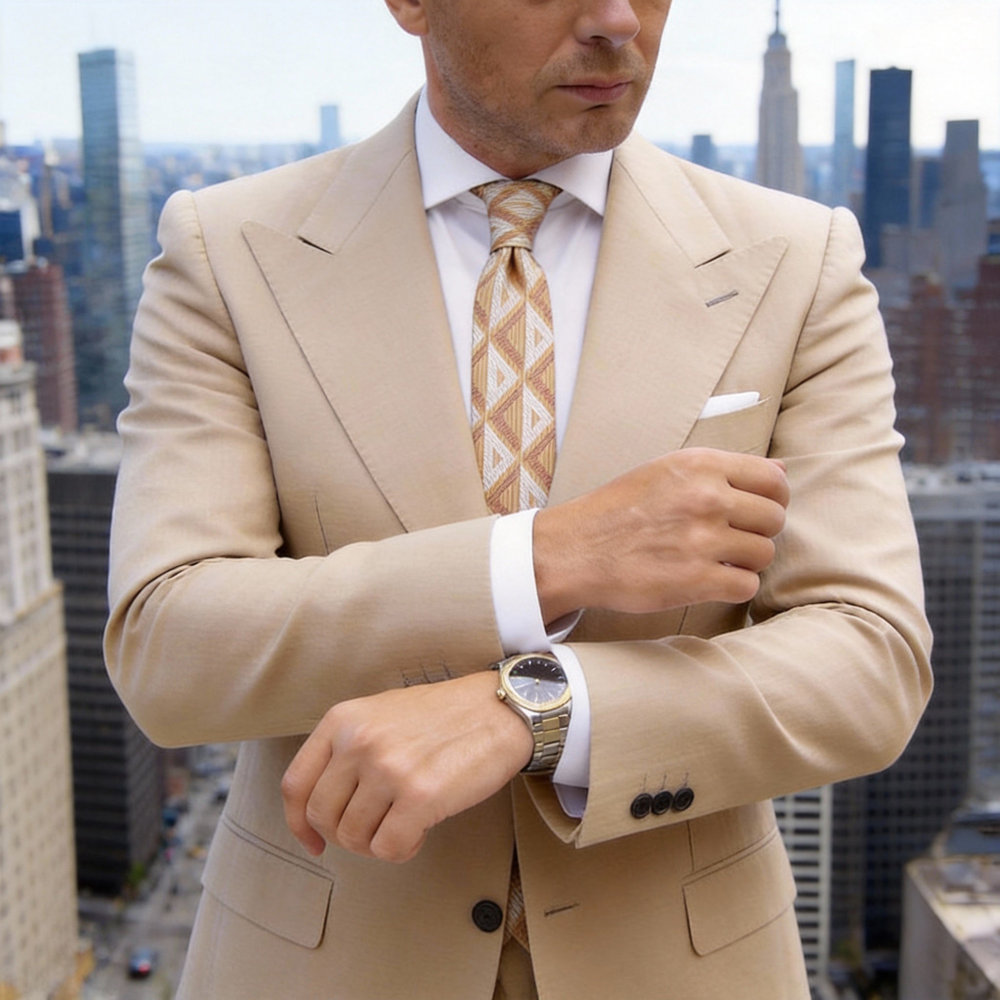 Yellow With White Brown Triangular Necktie