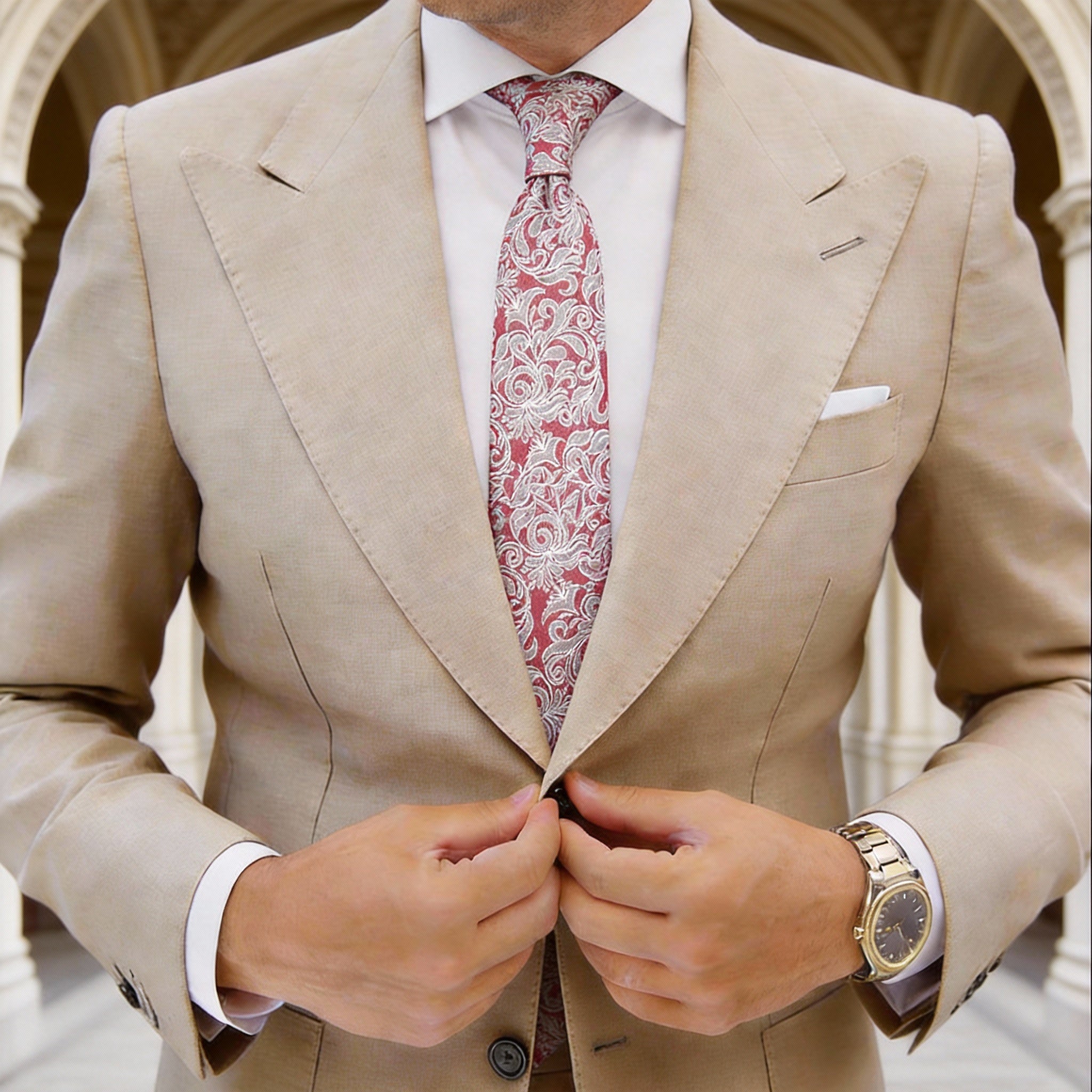Red With White Floral Necktie