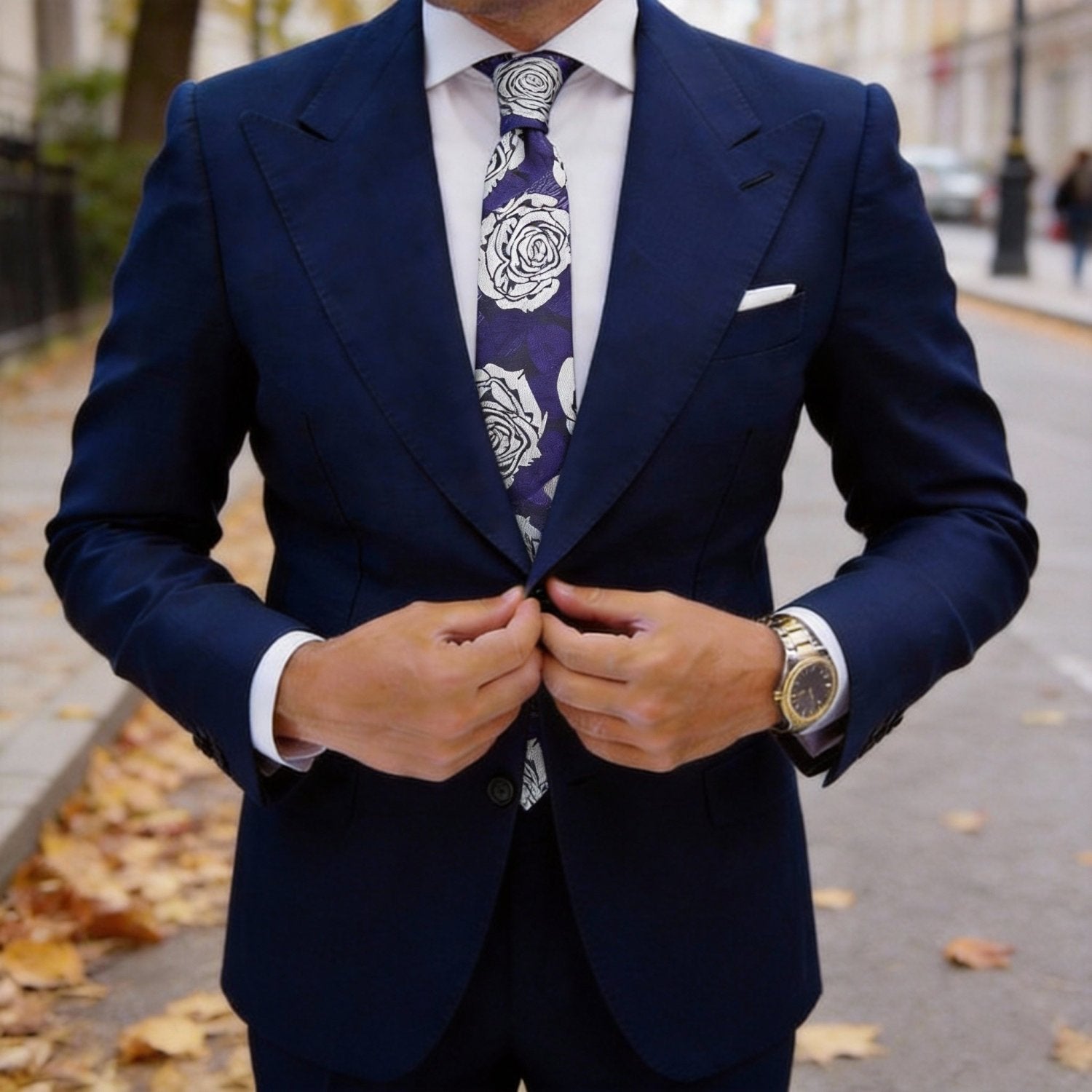 Purple With White Rose Necktie