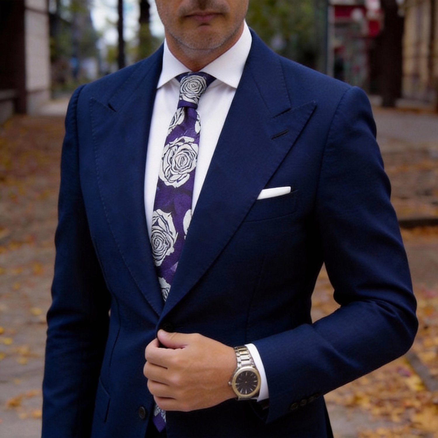 Purple With White Rose Necktie
