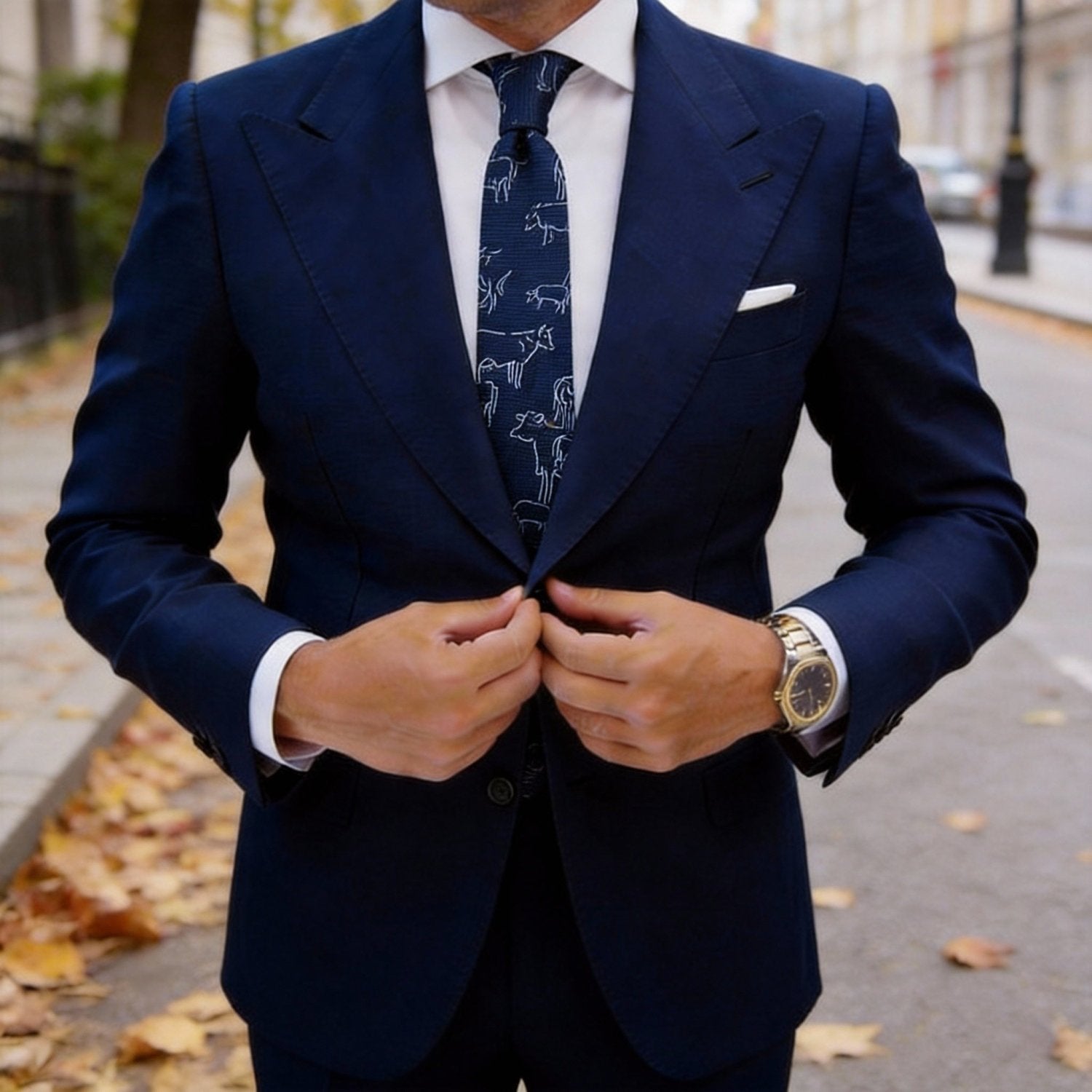 Navy Blue With White Animal Outline Necktie