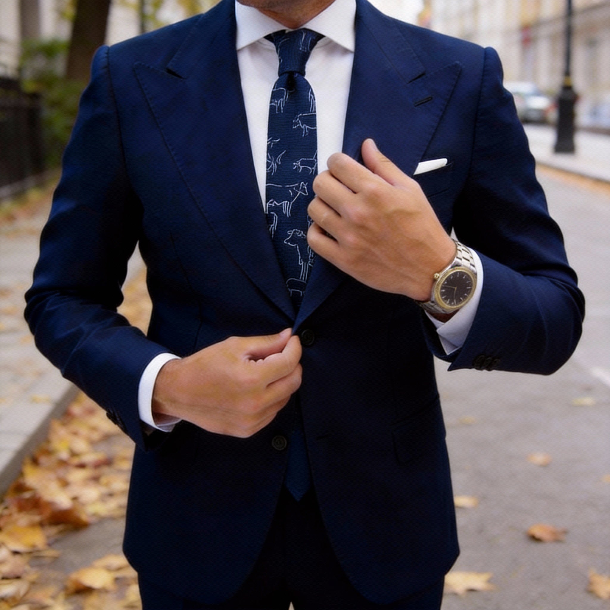 Navy Blue With White Animal Outline Necktie
