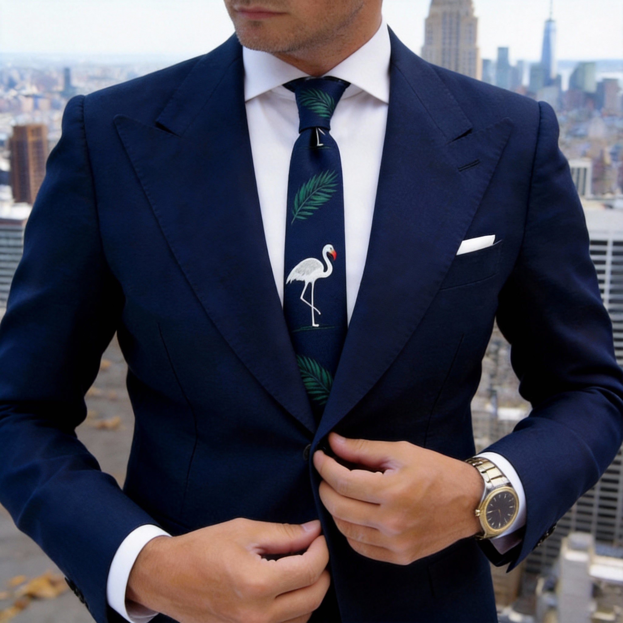 Navy Blue Necktie With White Flamingo