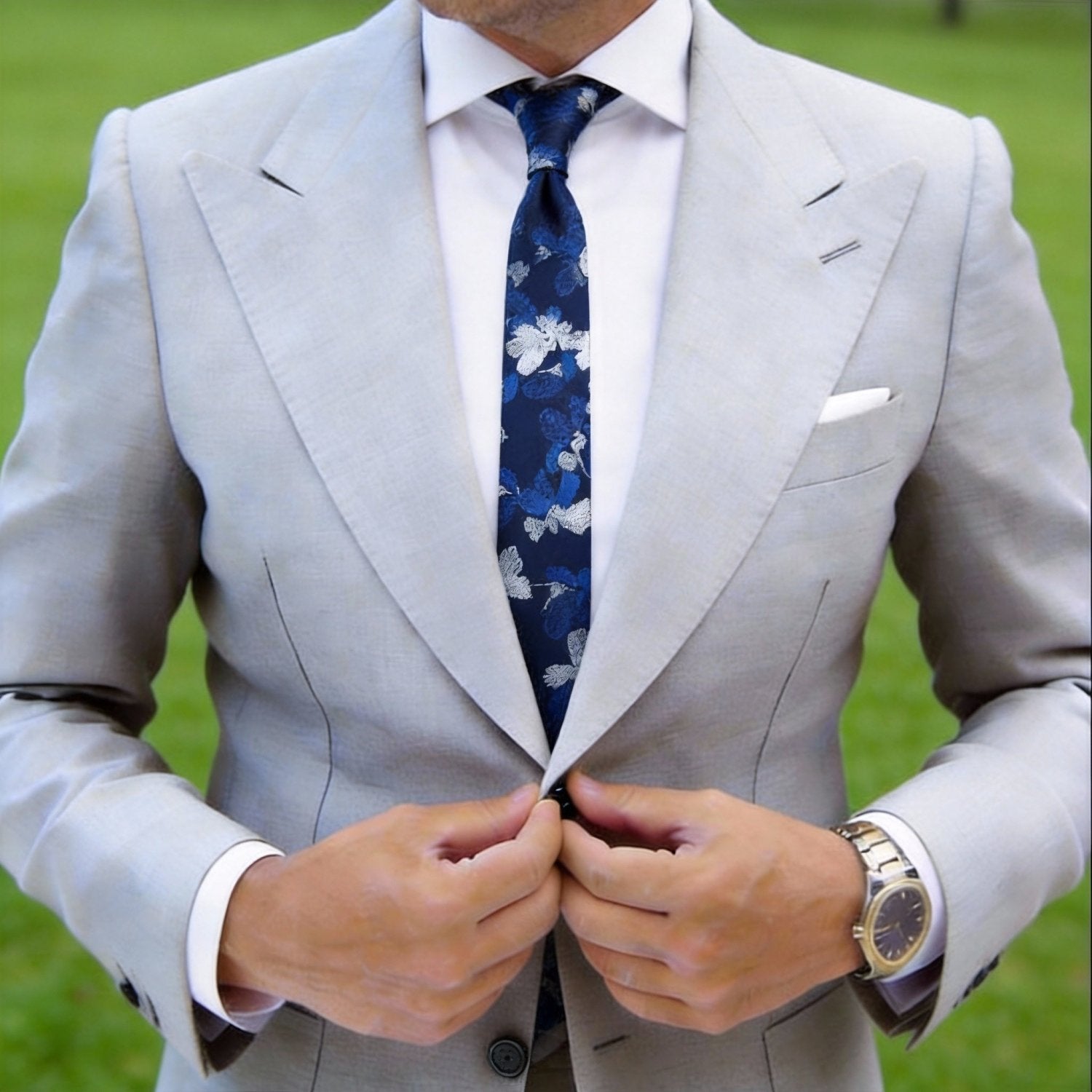 Navy With Blue White Floral Necktie
