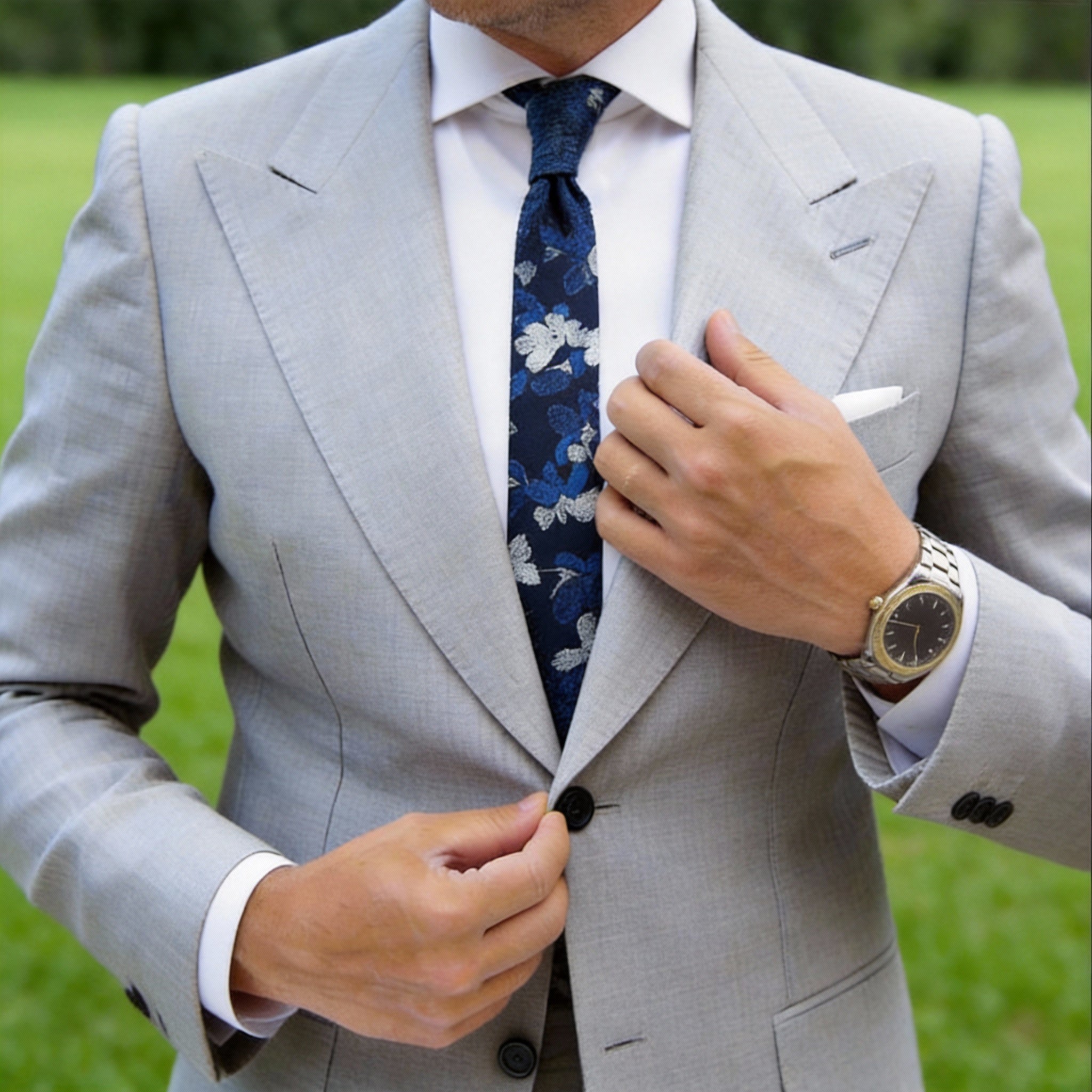 Navy With Blue White Floral Necktie