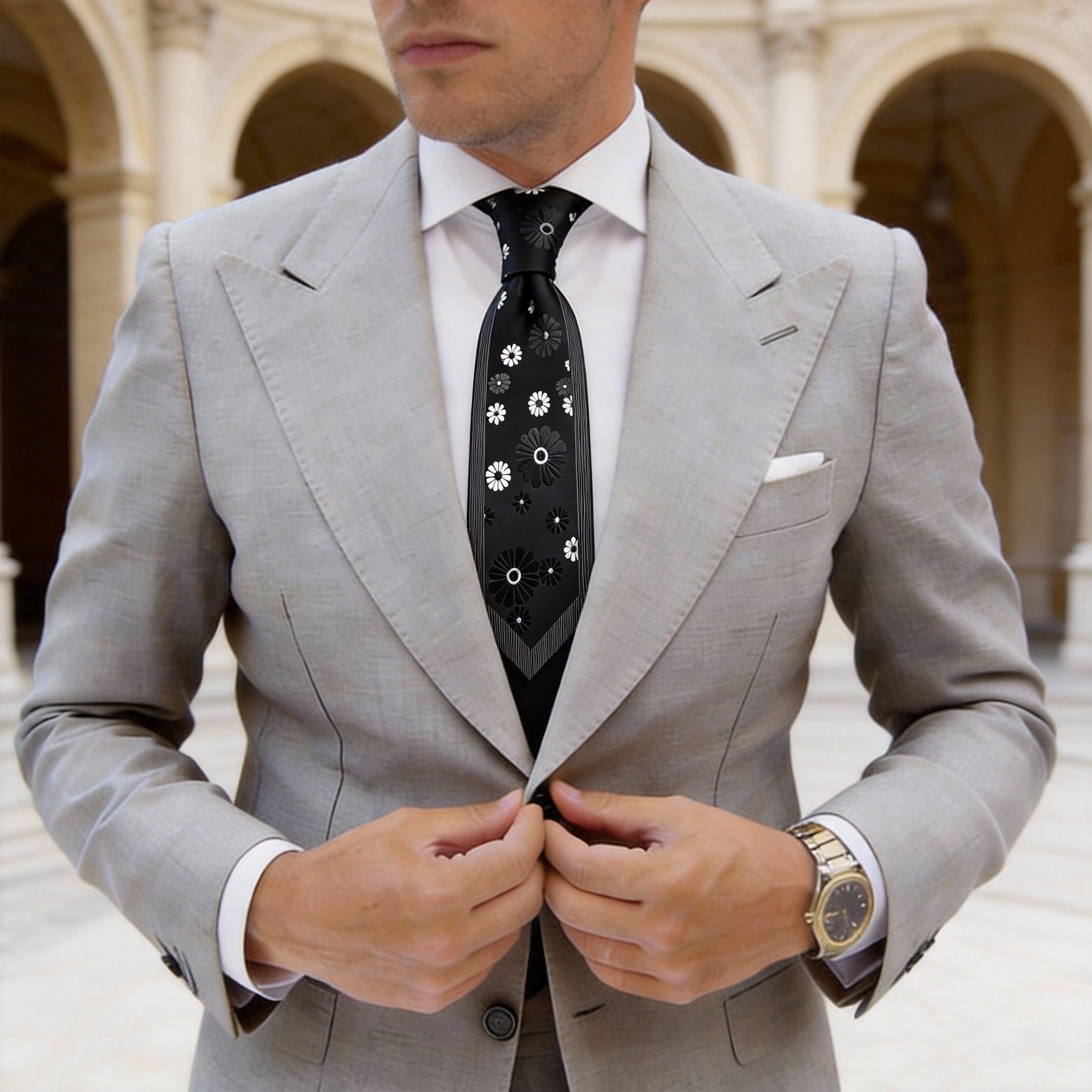 Black White Floral Necktie