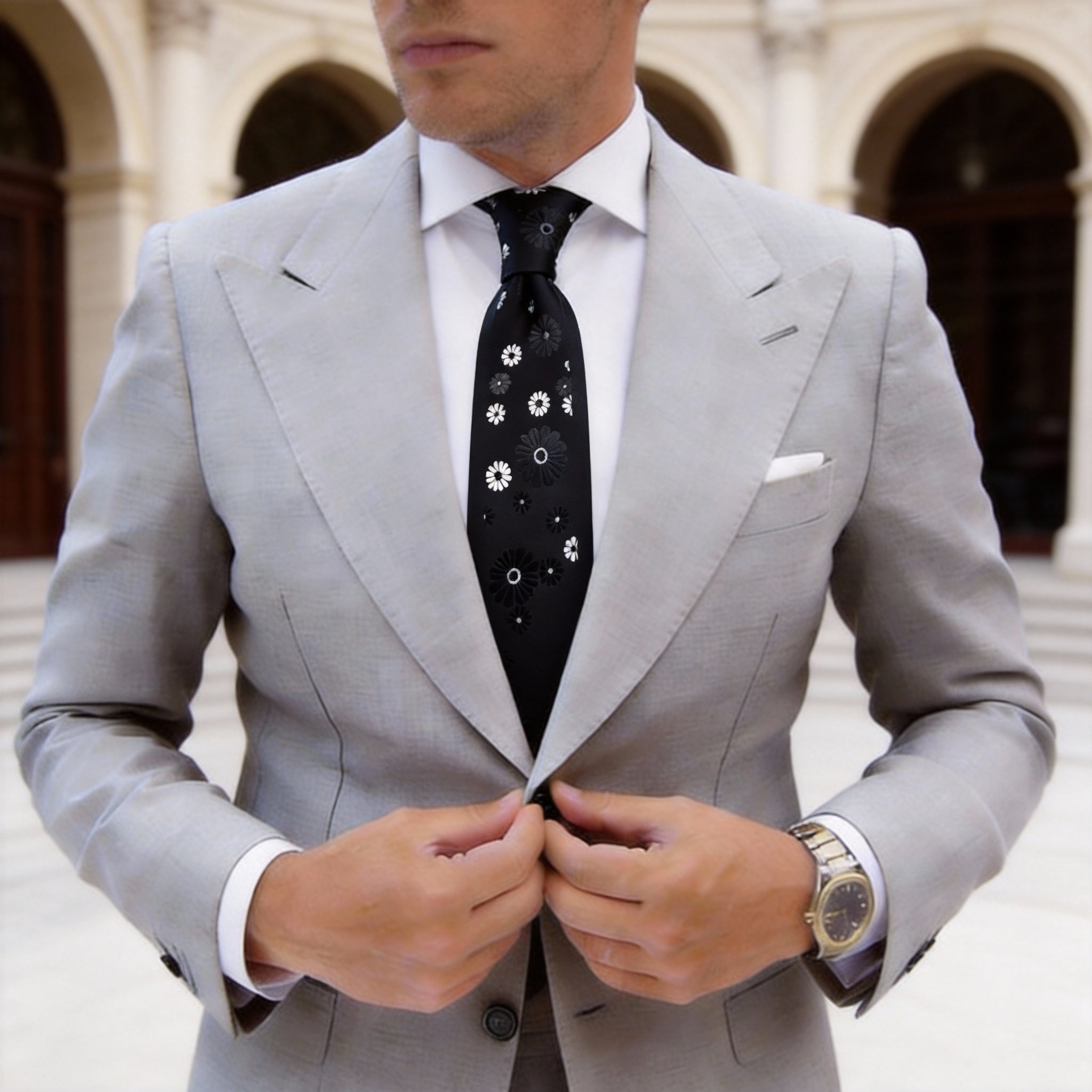 Black White Floral Necktie